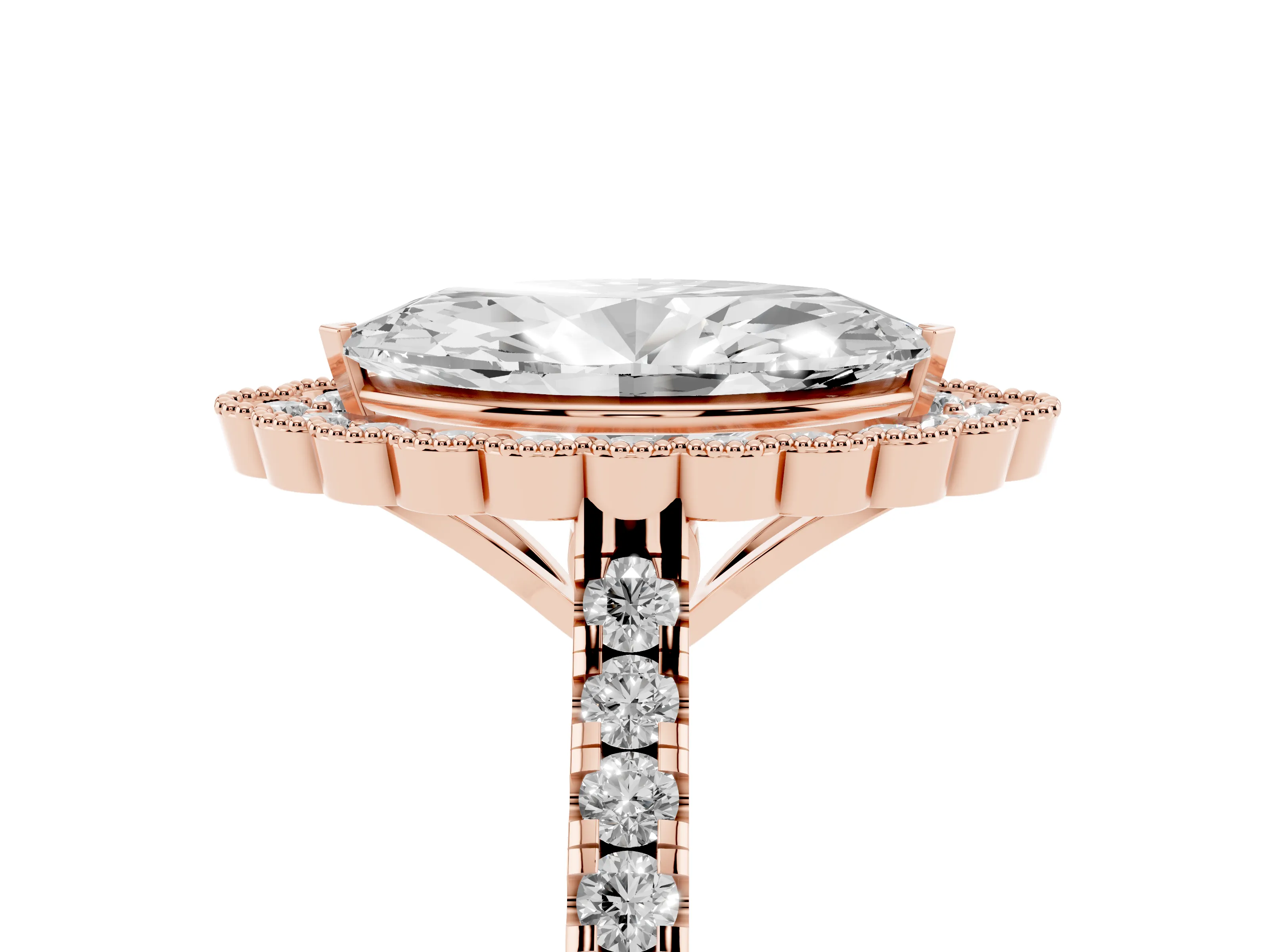 Marquise Cut Diamond Milgrain Floral Halo Engagement Ring Set in Rose gold with Pavé Band