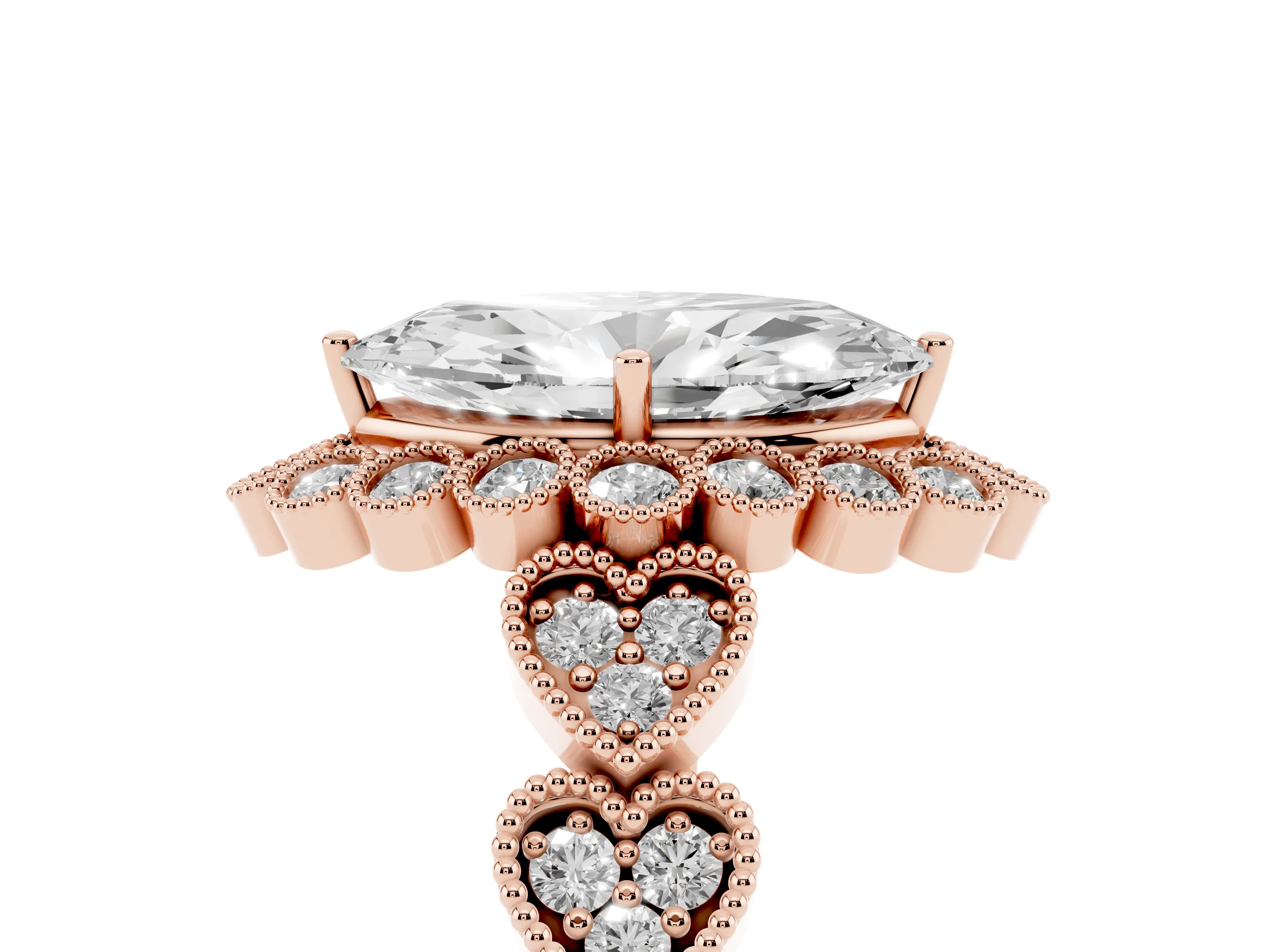 Marquise Cut Diamond Solitaire Ring Set in Rose gold with Milgrain Pavé Heart Band