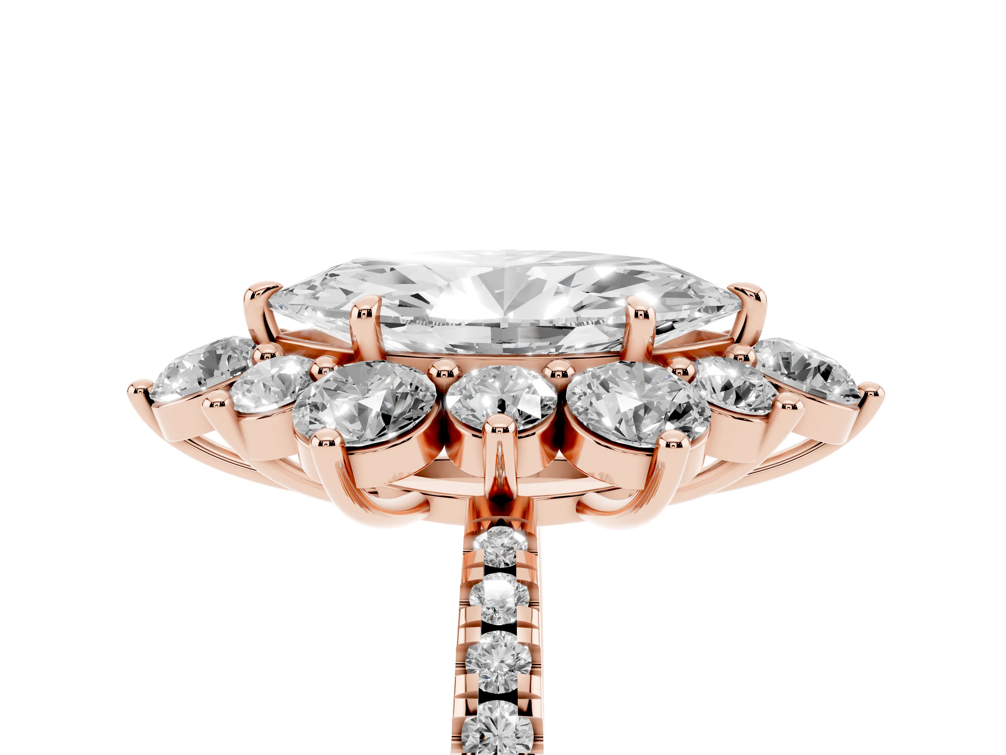 Marquise Cut Diamond Floral Halo Ring Set in Rose gold with Round Pavé Band and Prong Setting