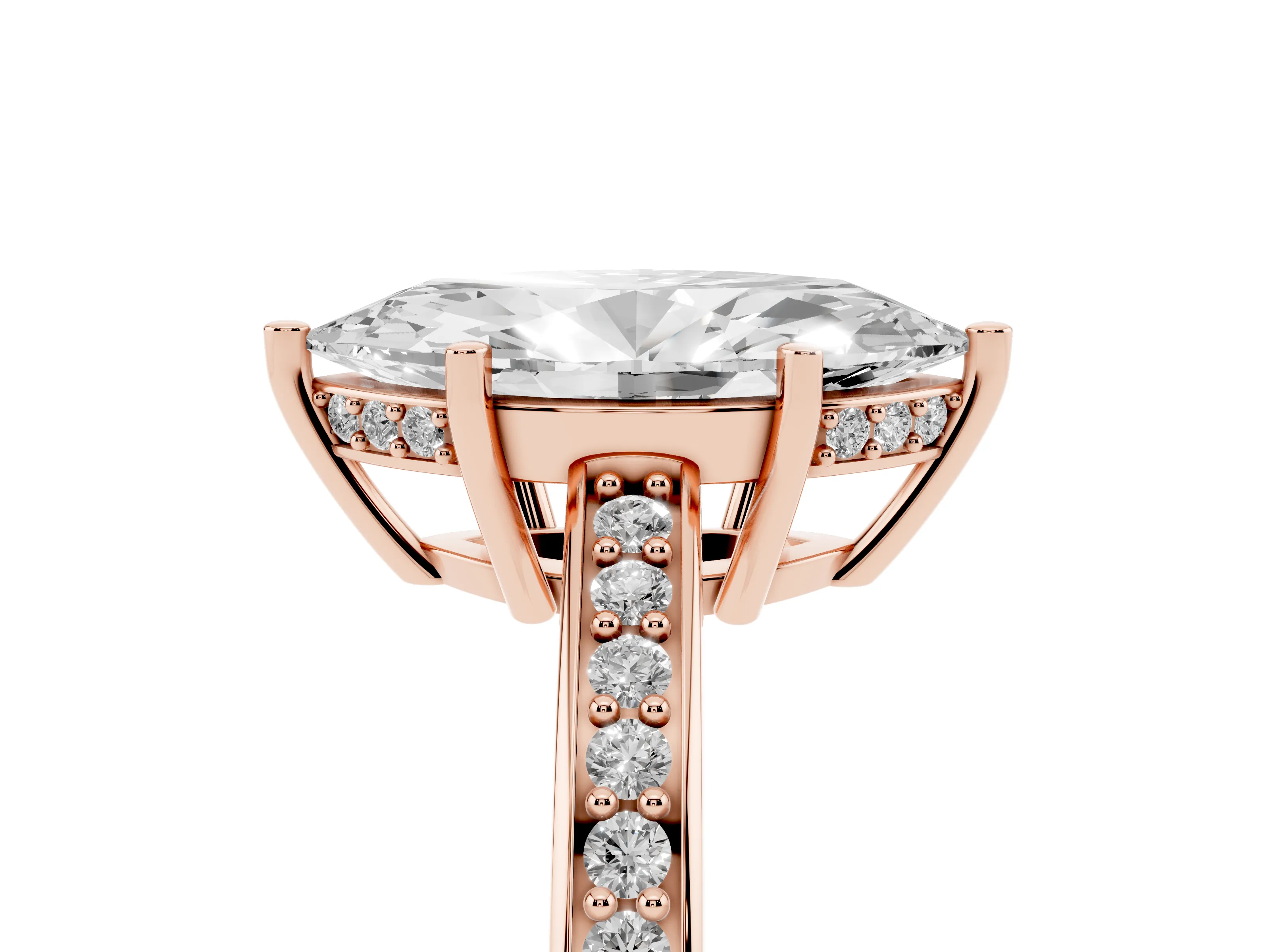 Marquise Cut Diamond Pavé Band Prong Set Solitaire Ring Set in Rose gold