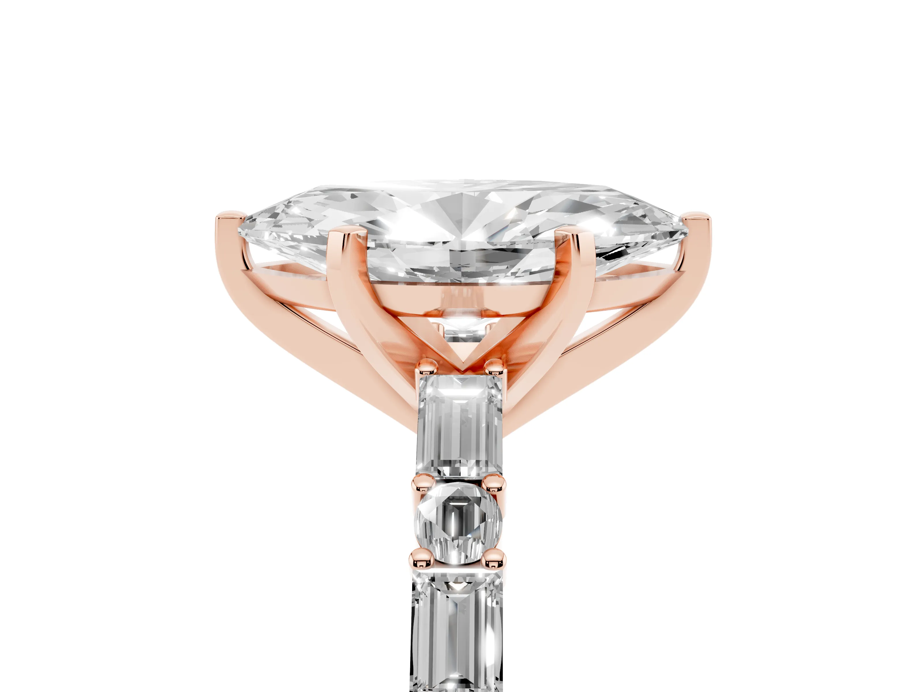 Marquise Cut Diamond Solitaire Set in Rose gold with Side Baguettes and Channel Set Band