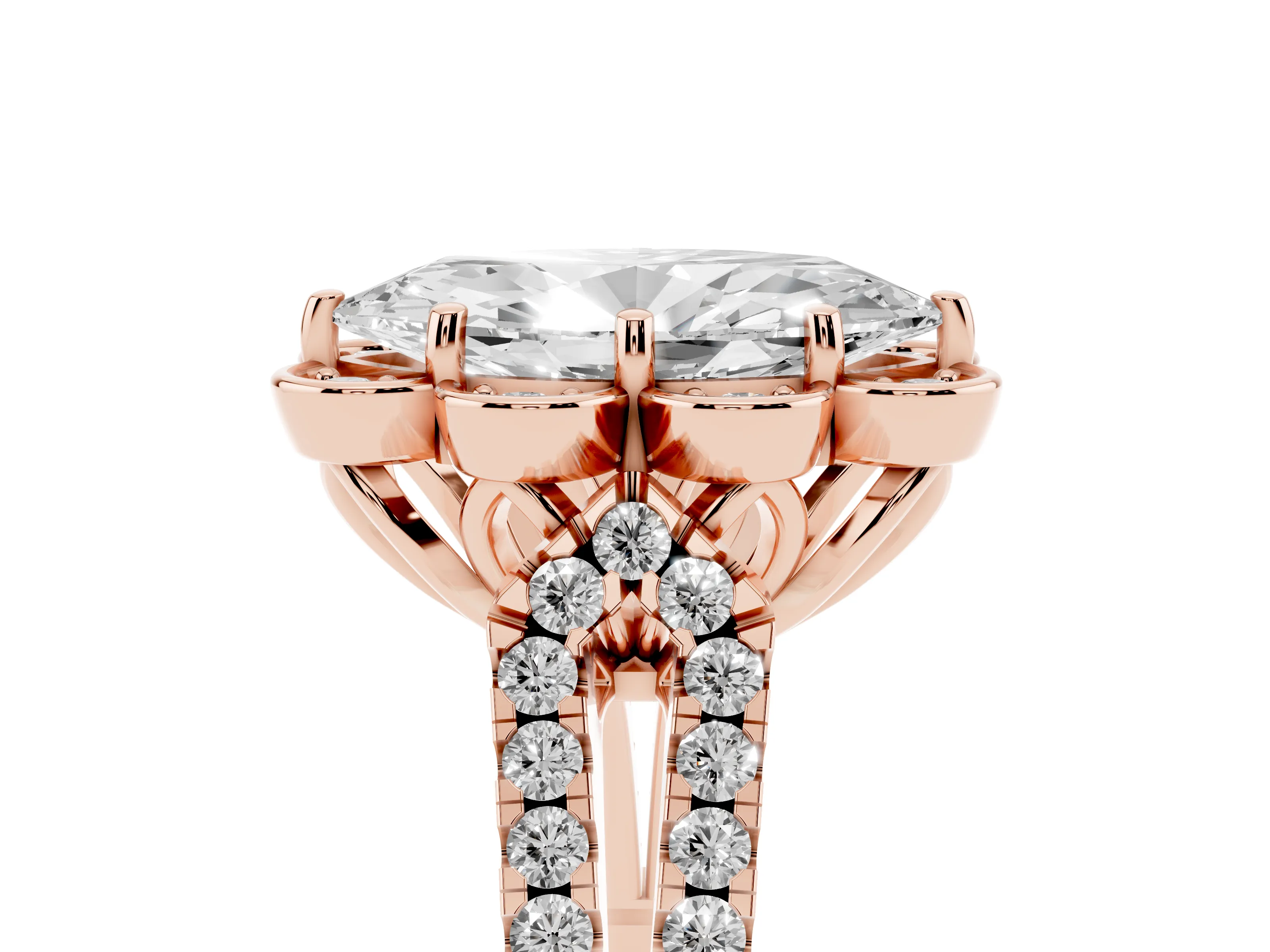 Marquise Cut Diamond Floral Halo Split Shank Engagement Ring Set in Rose gold with Pavé Shank