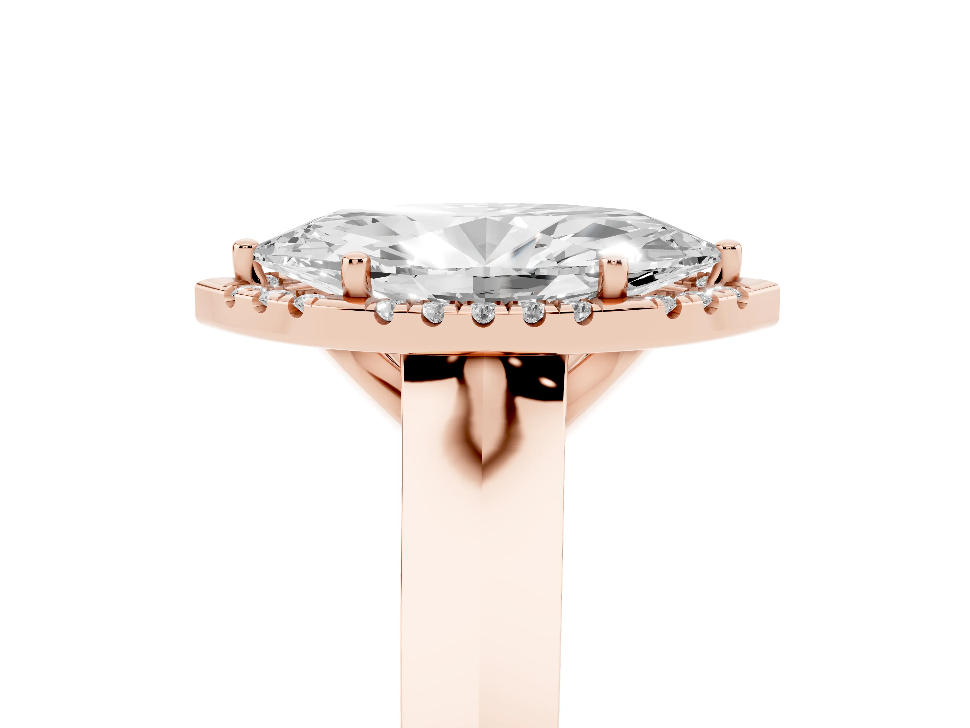 Marquise Cut Diamond Halo Ring Set in Rose gold with Cathedral Band and Prong Setting