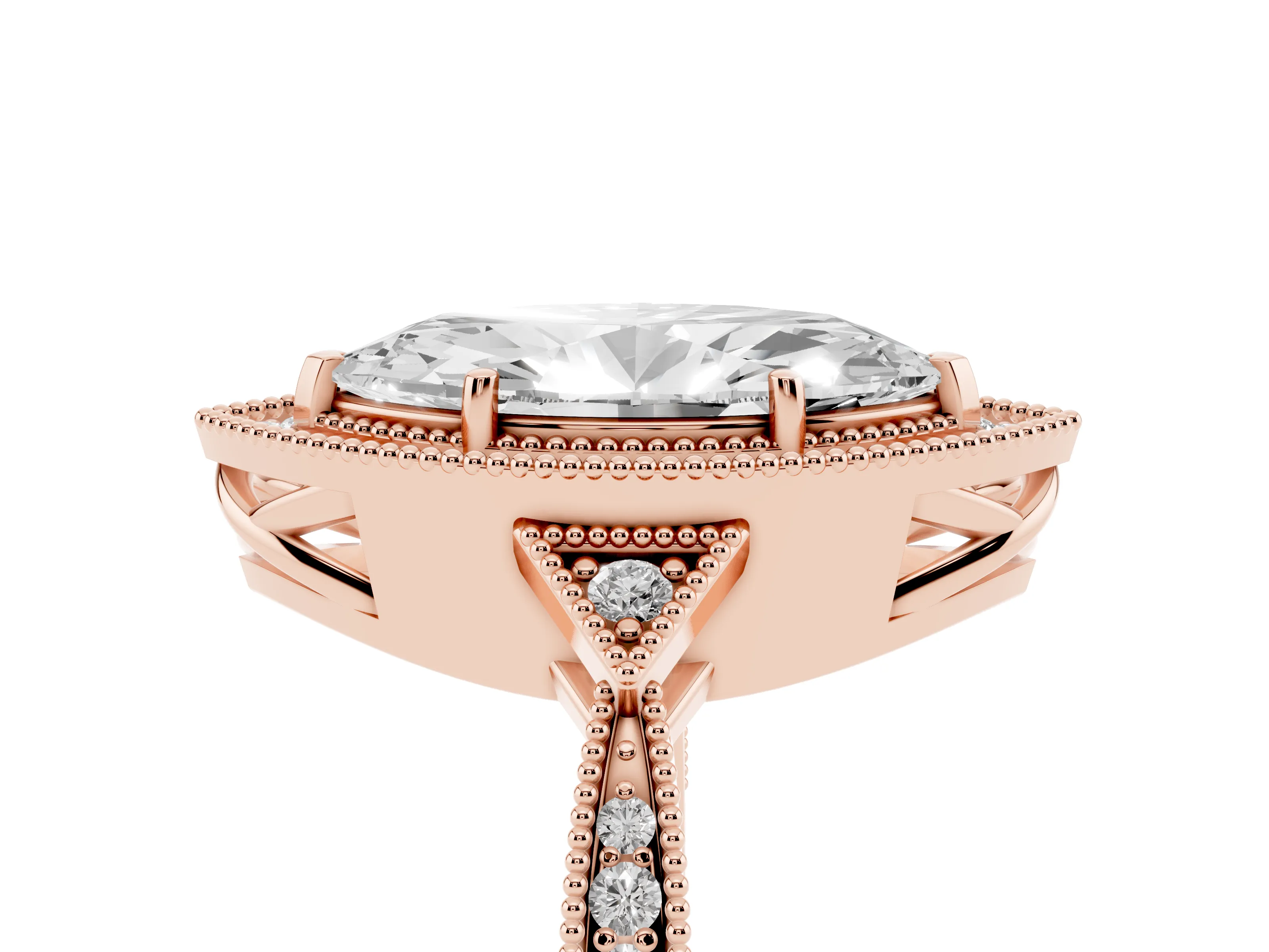 Marquise Cut Diamond Halo Engagement Ring Set in Rose gold with Milgrain Pavé Band
