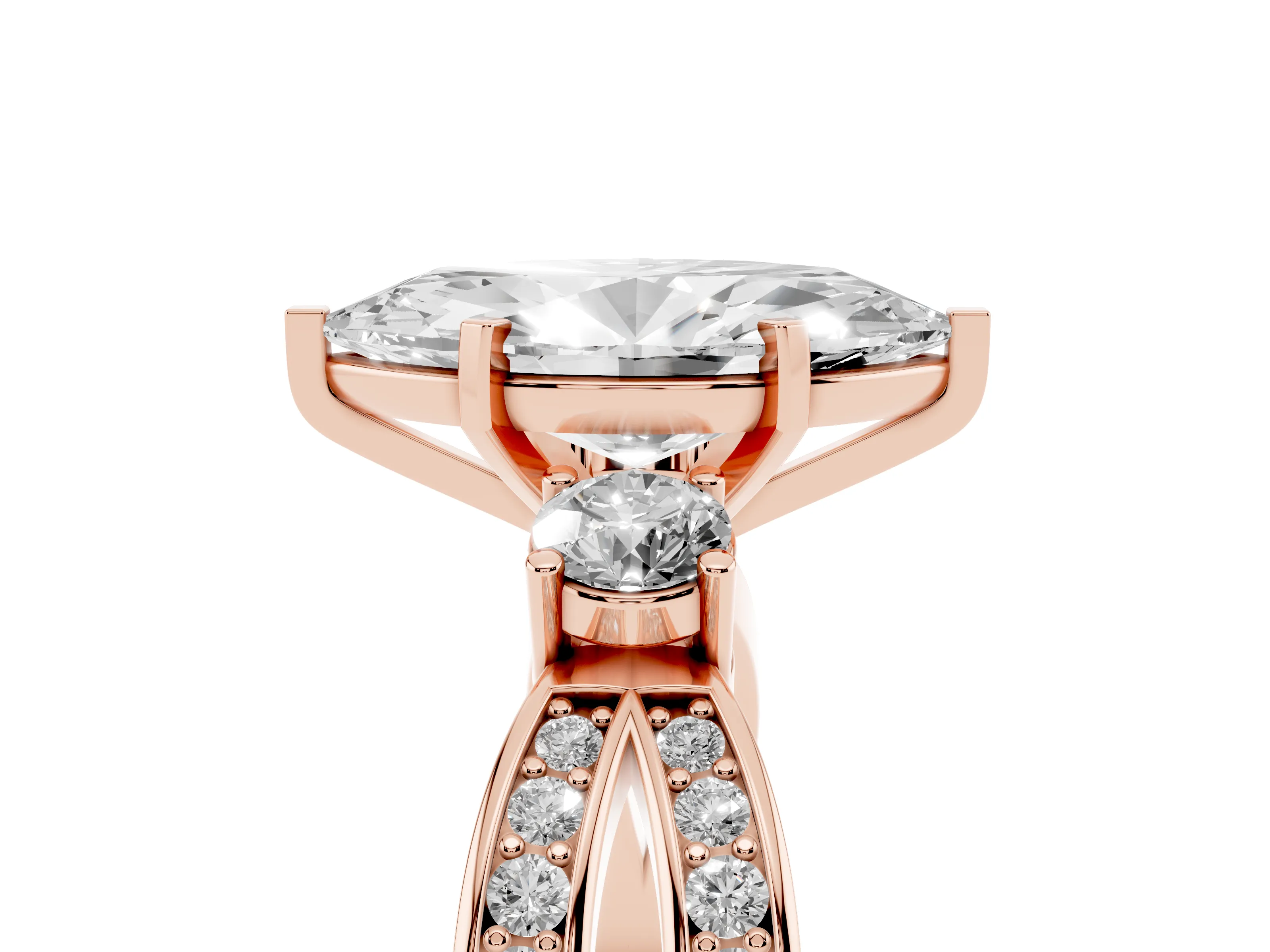Three-Stone Marquise Cut Diamond Twist Band Ring Set in Rose gold with Pavé Accents and Prong Setting