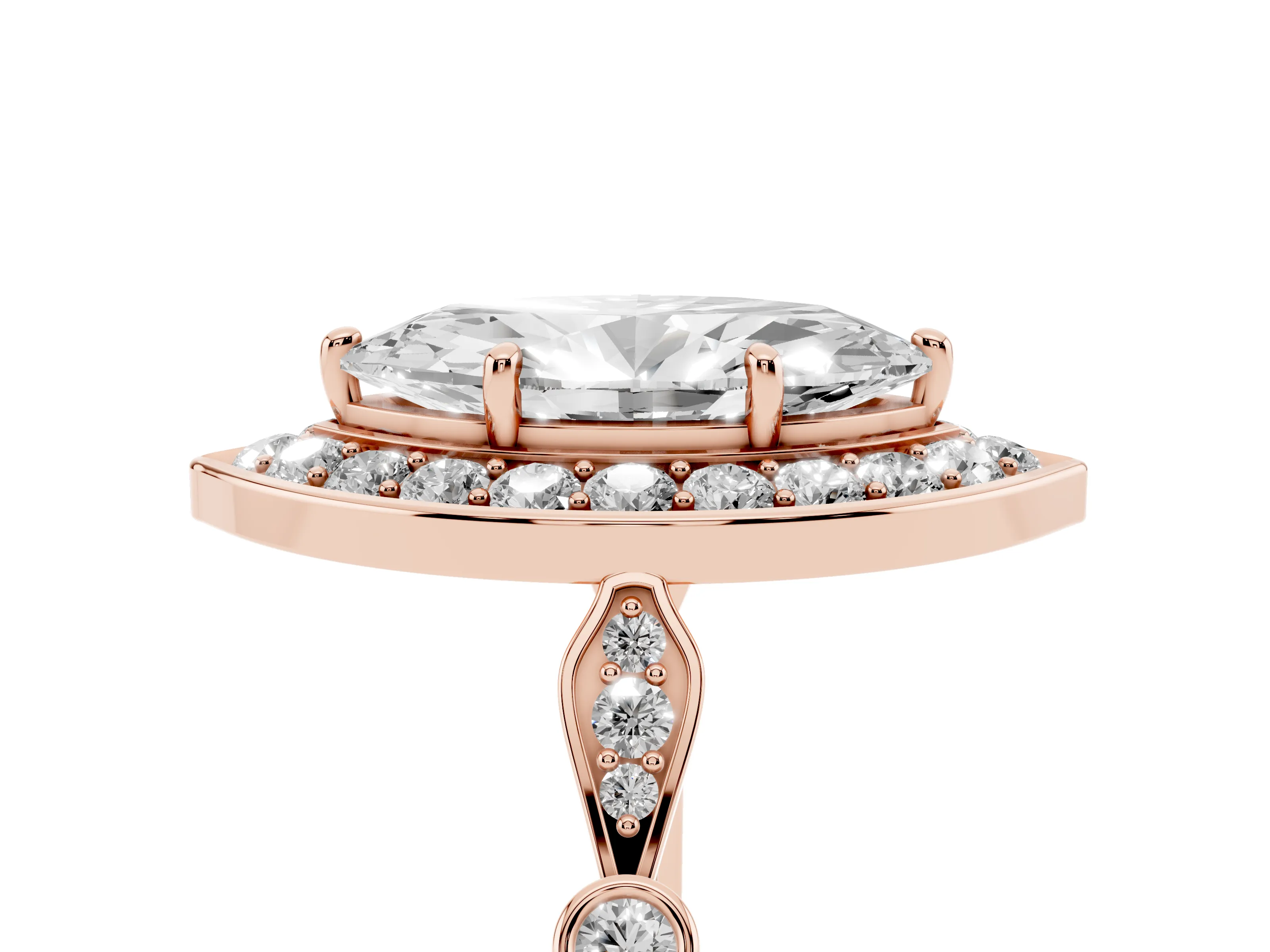 Marquise Cut Diamond Halo Engagement Ring Set in Rose gold with Twisted Band and Prong Setting