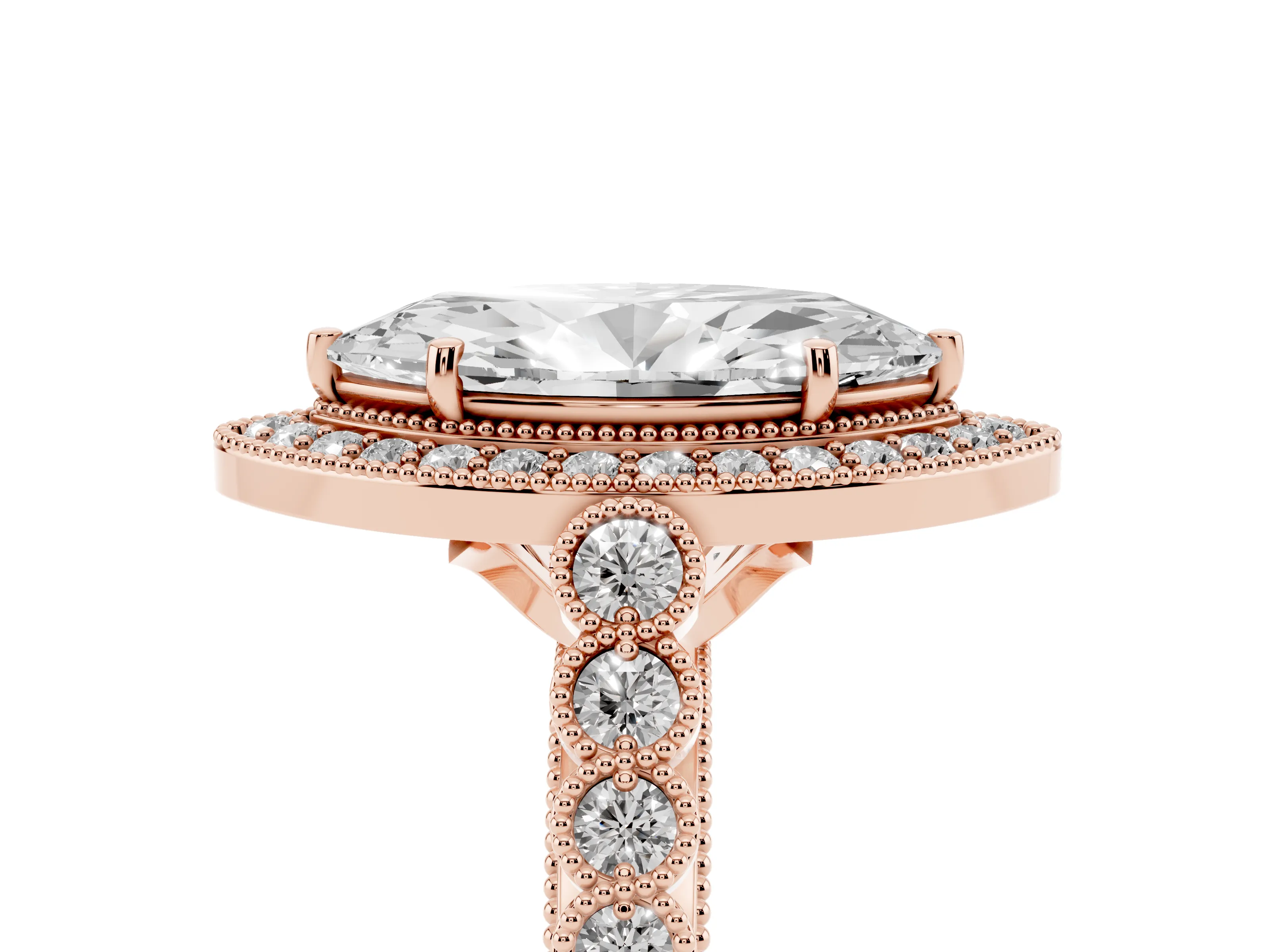 Marquise Cut Diamond Milgrain Halo Solitaire Ring Set in Rose gold with Bezel Set Side Stones and Pavé Band