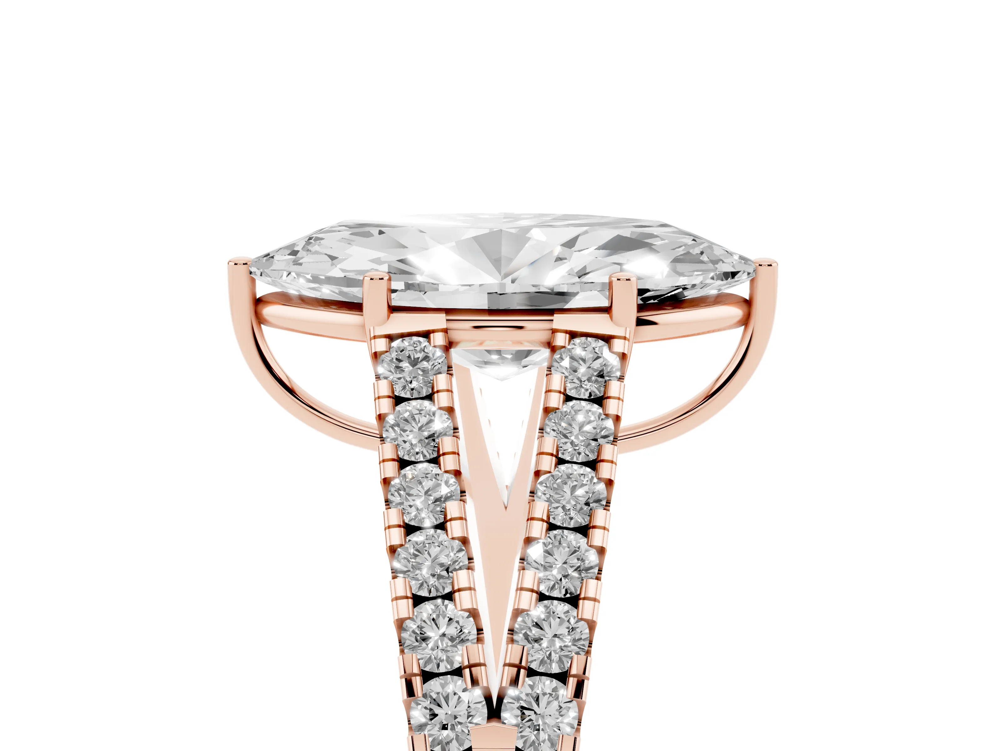 Marquise Cut Diamond Split Shank Pavé Engagement Ring Set in Rose gold with Prong-Held Center Stone