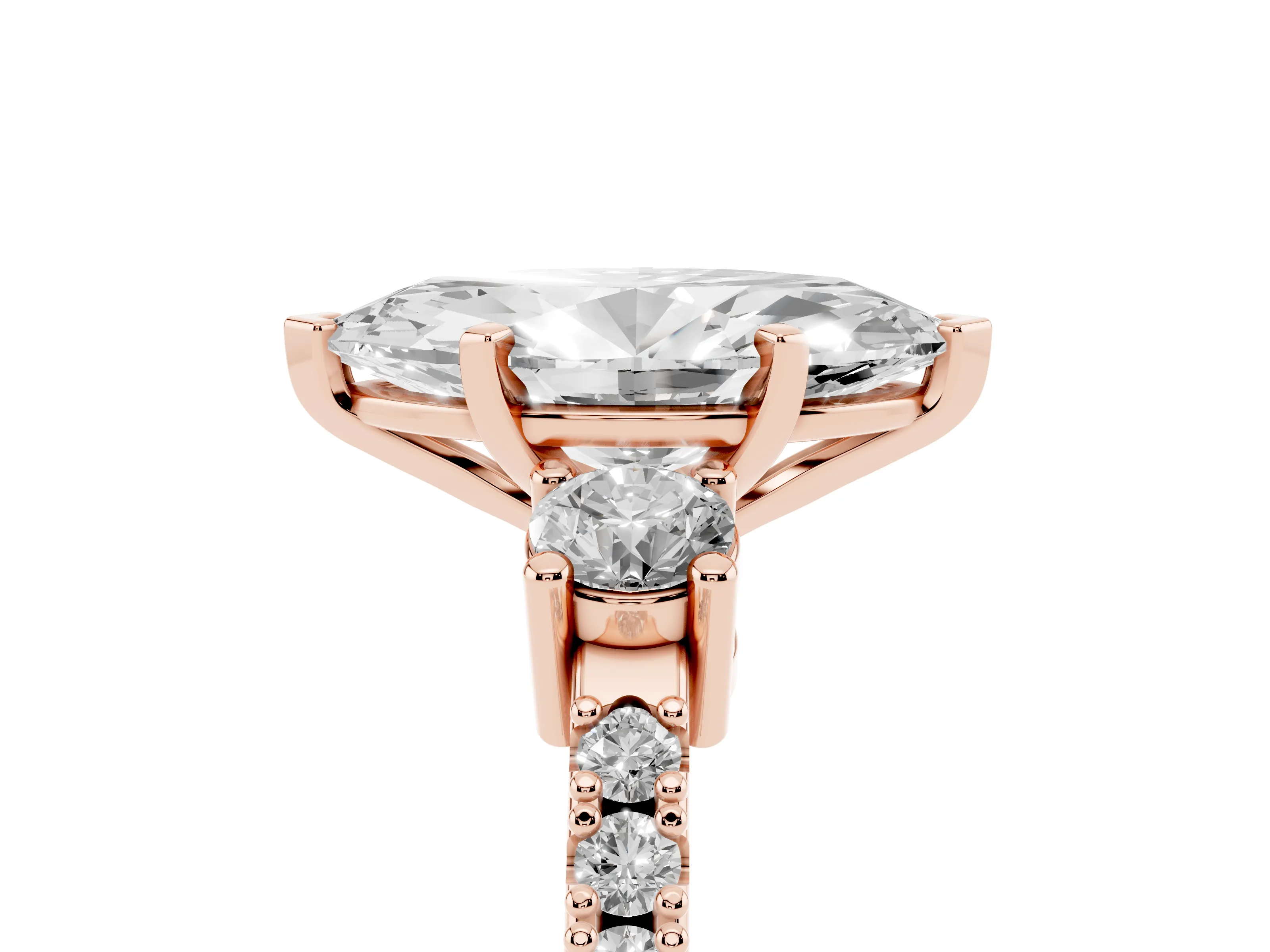 Three-Stone Marquise Cut Diamond Pavé Band Ring Set in Rose gold with Prong Setting