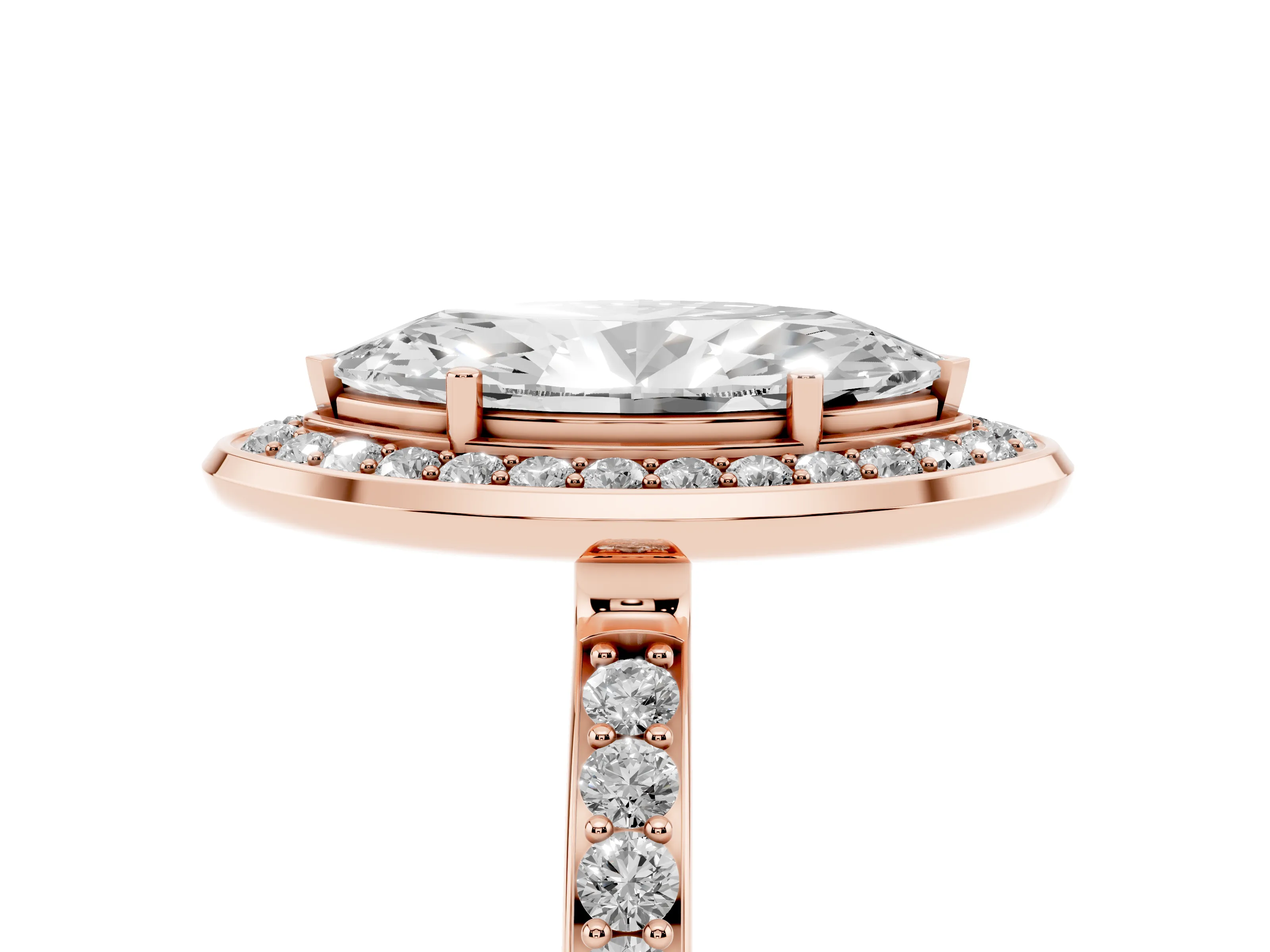 Marquise Cut Diamond Halo Ring Set in Rose gold with Bezel Frame and Pavé Band