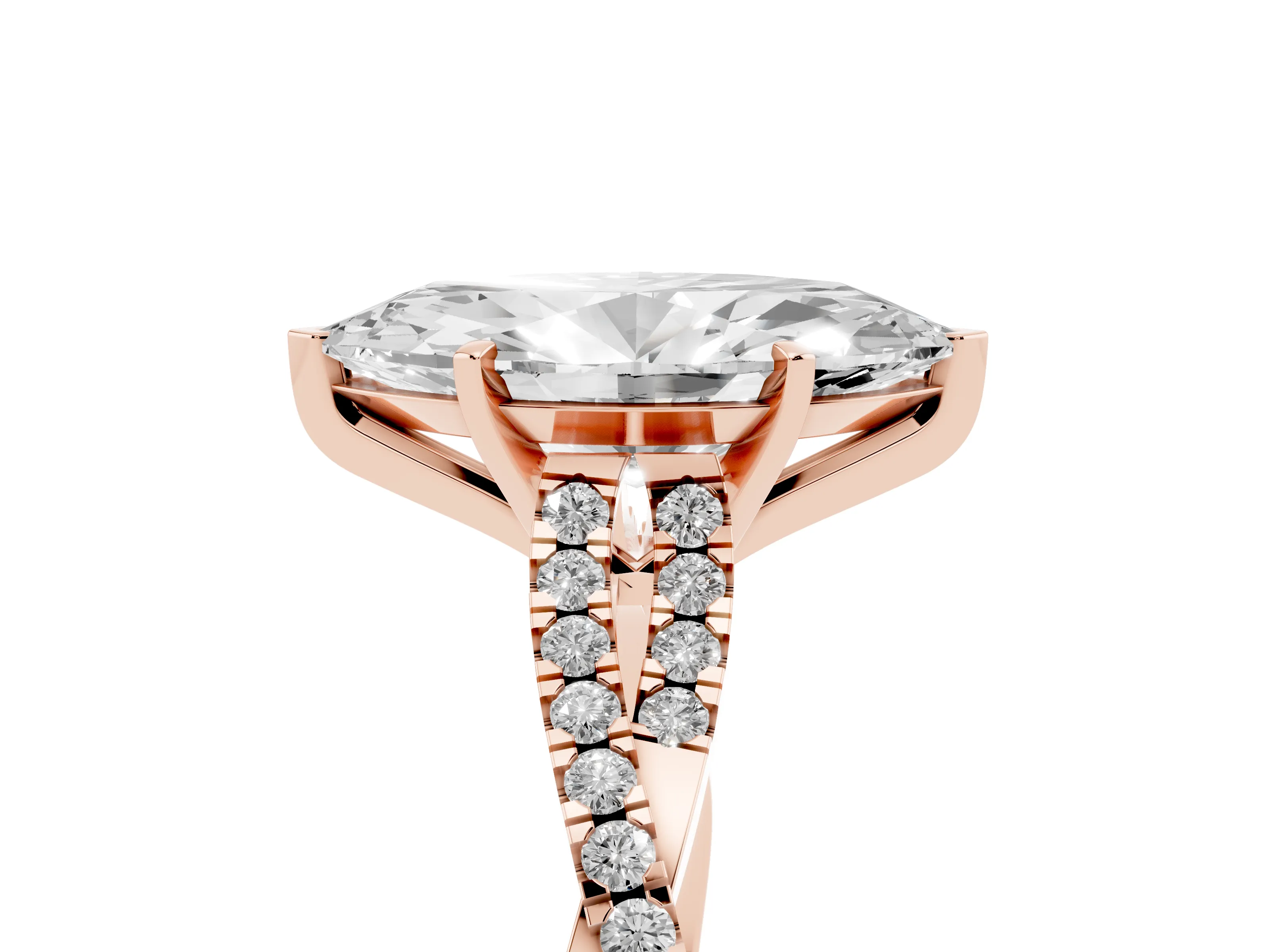 Marquise Cut Diamond Solitaire Engagement Ring Set in Rose gold with Twisted Pavé Band and Prong Setting