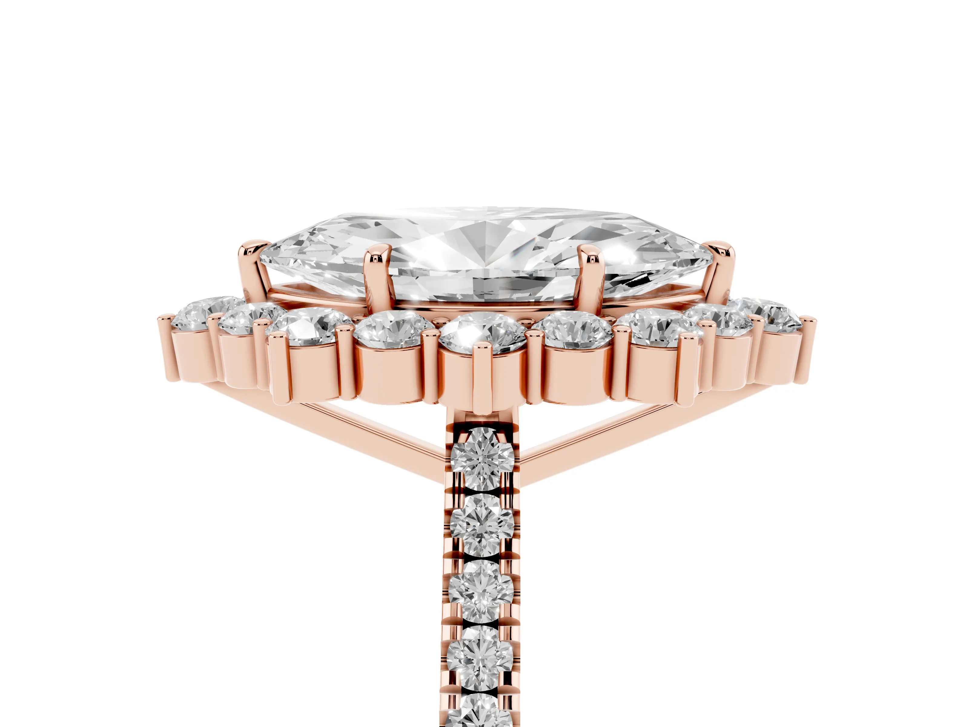 Marquise Cut Diamond Halo Ring Set in Rose gold with Pavé Band and Prong Setting