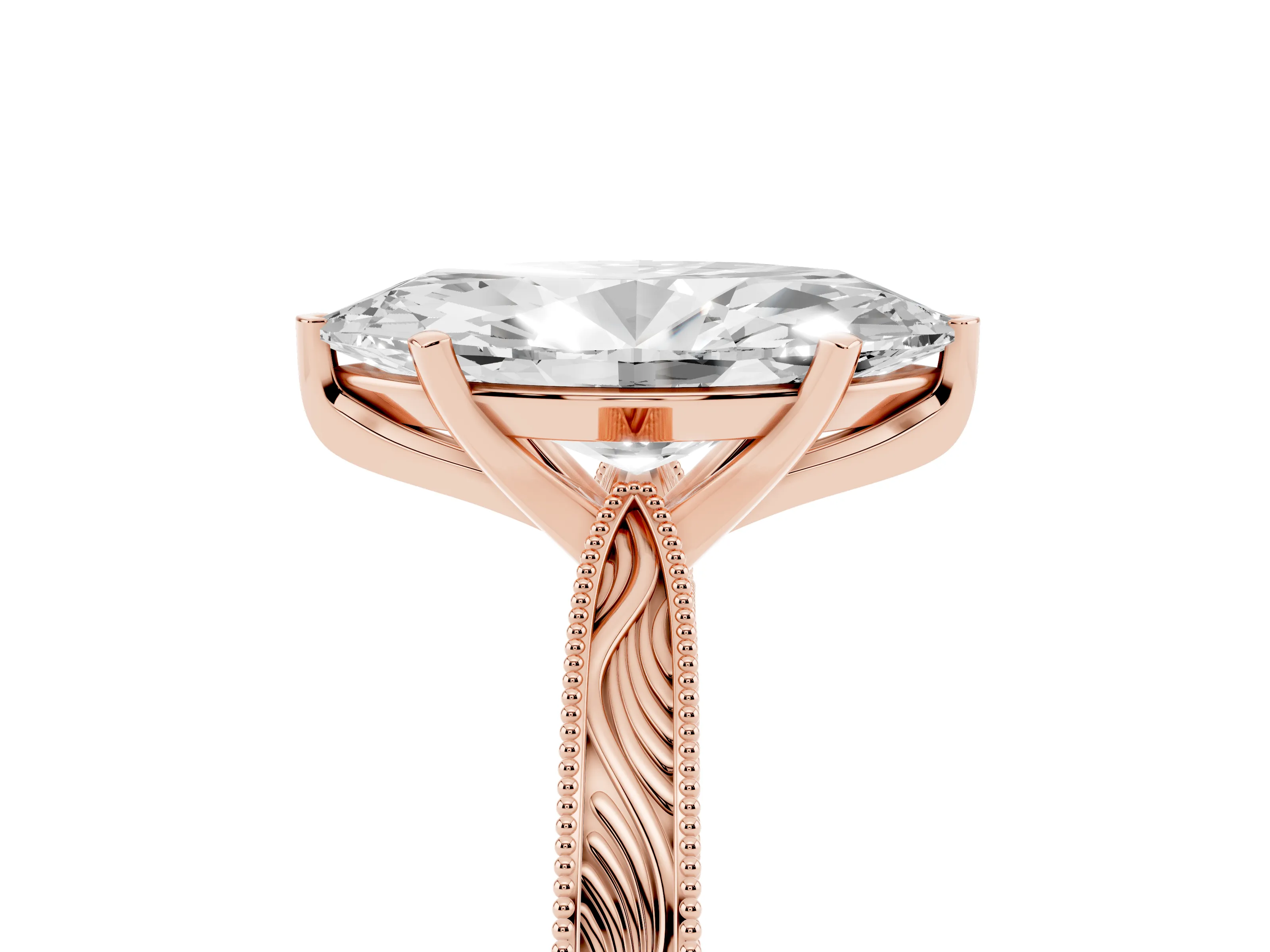Marquise Cut Diamond Solitaire Milgrain Engraved Band Set in Rose gold with Prong Setting