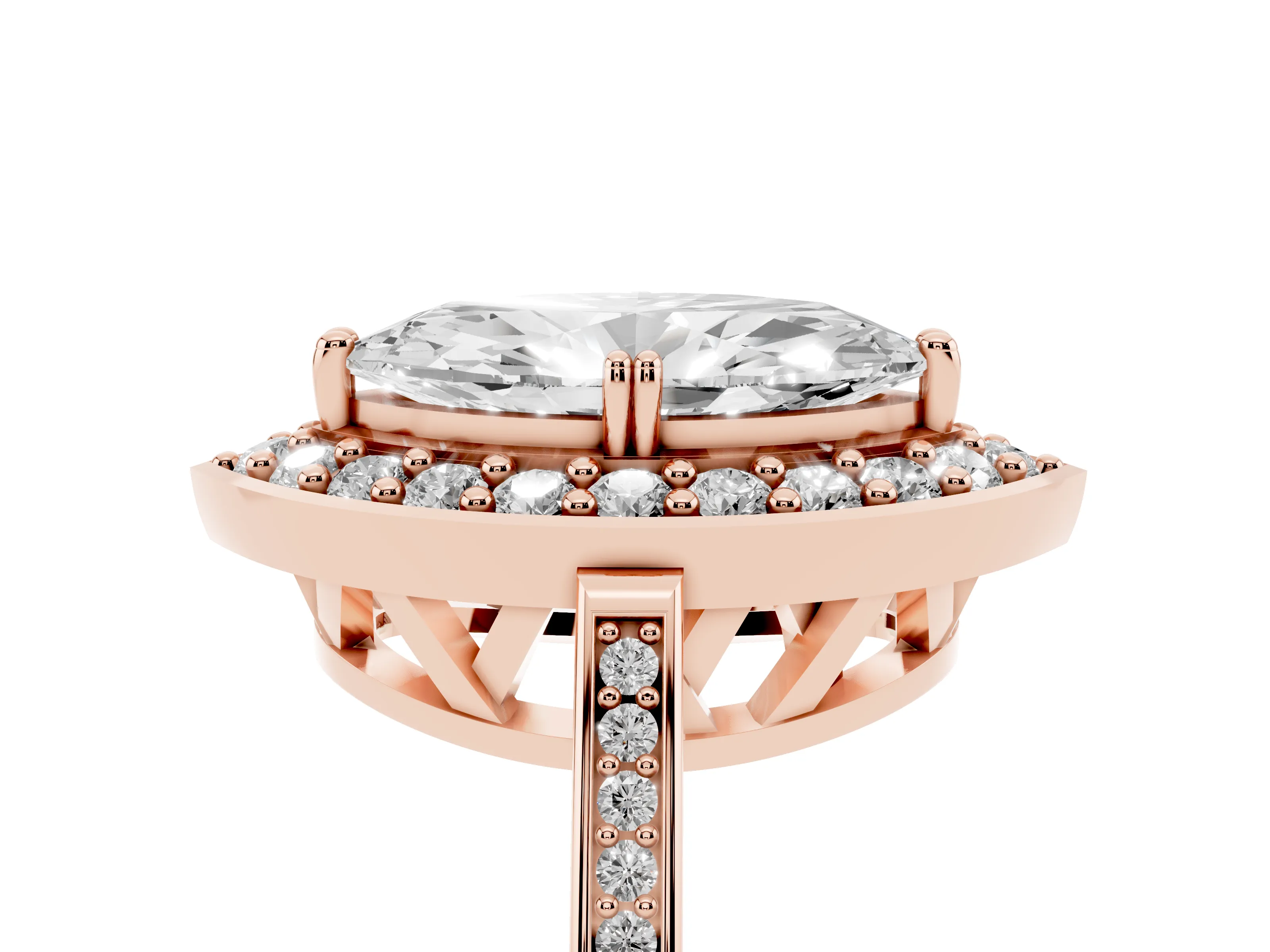 Marquise Cut Diamond Halo Ring Set in Rose gold with Accent-Lined Split Shank and Prong Setting