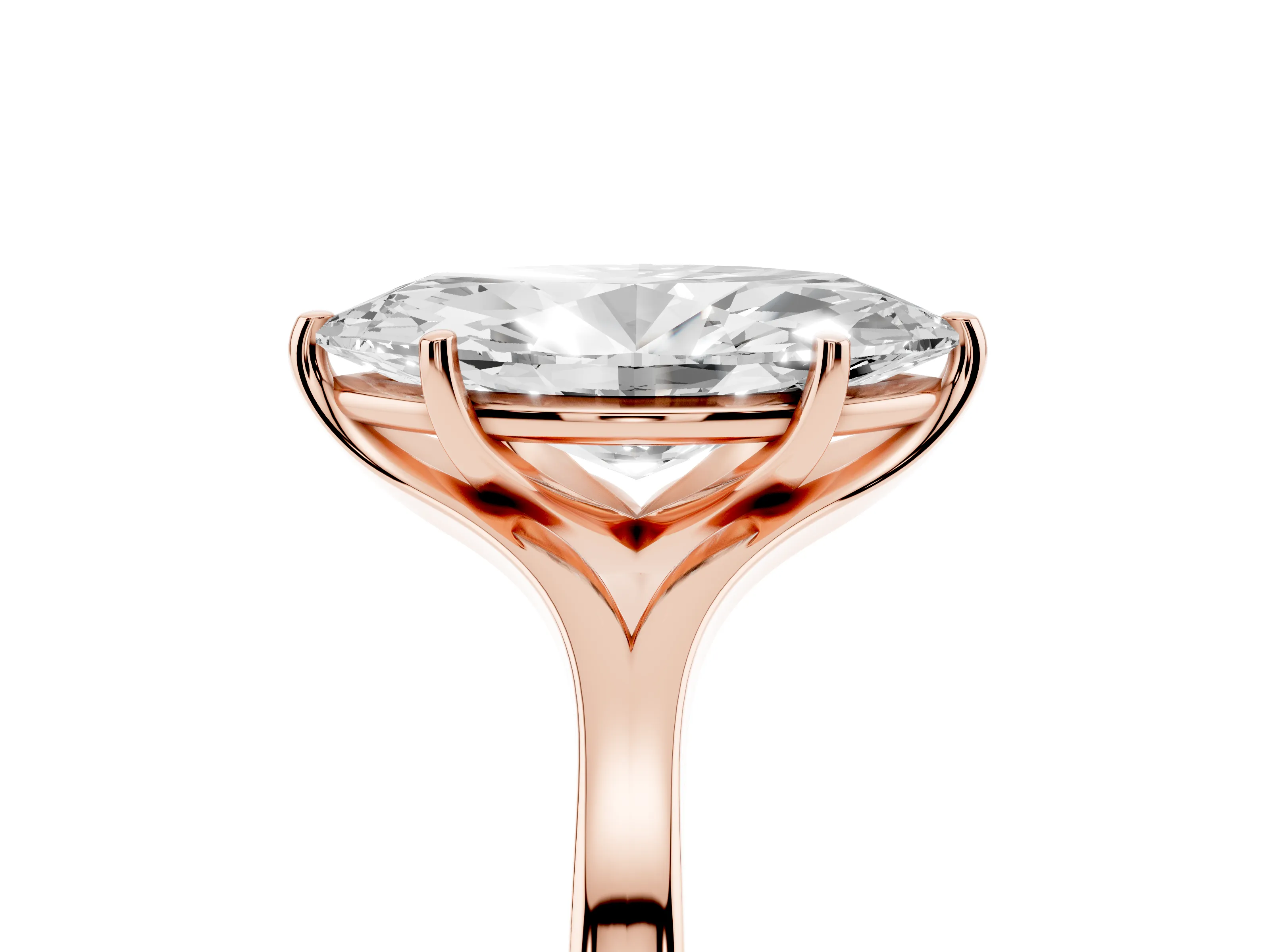 Marquise Cut Diamond Solitaire Ring Set in Rose gold with Polished Tapered Band and Prong Setting