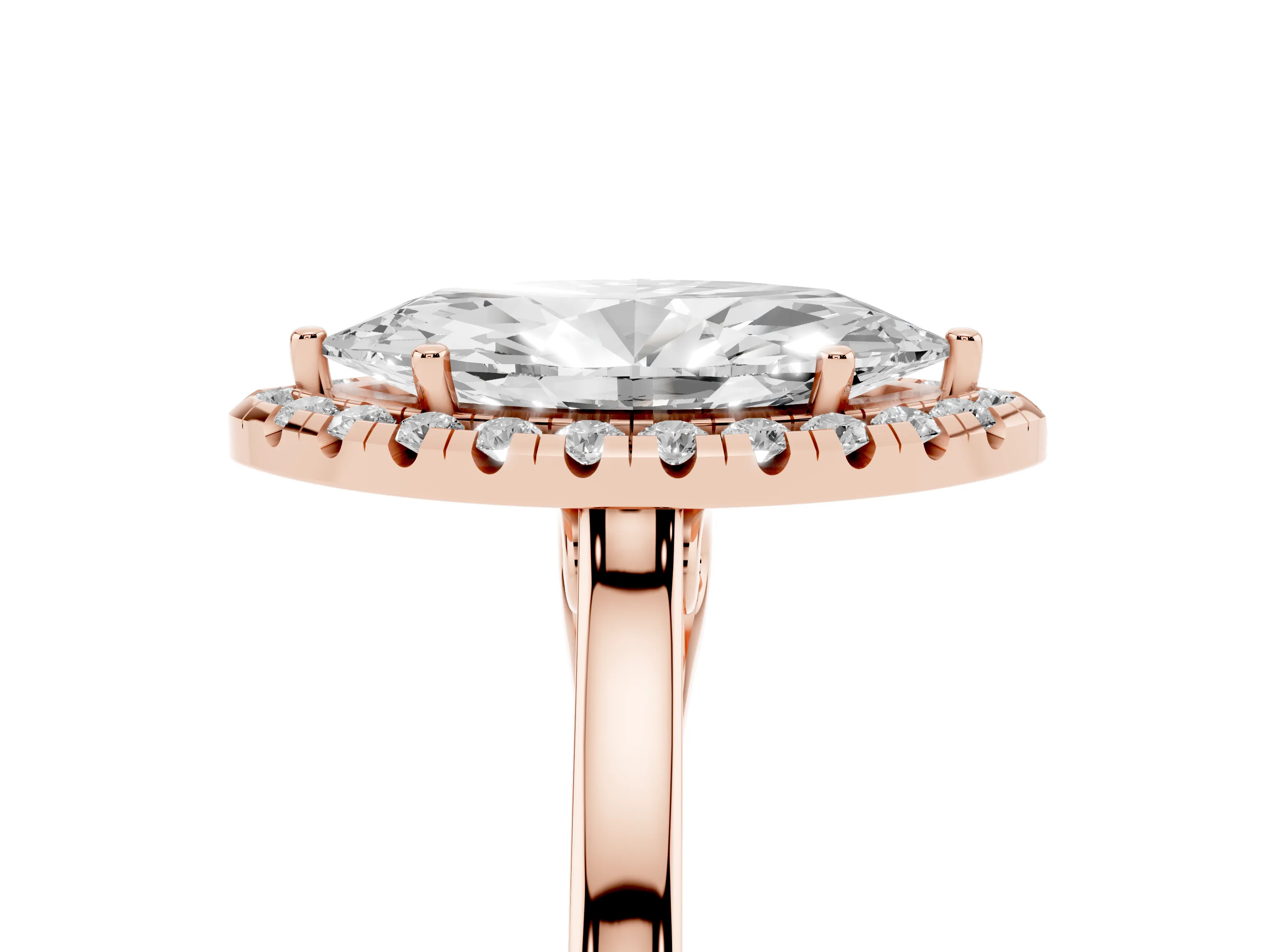 Marquise Cut Halo Round Diamond Solitaire Ring Set in Rose gold with Pavé Band and Prong Setting
