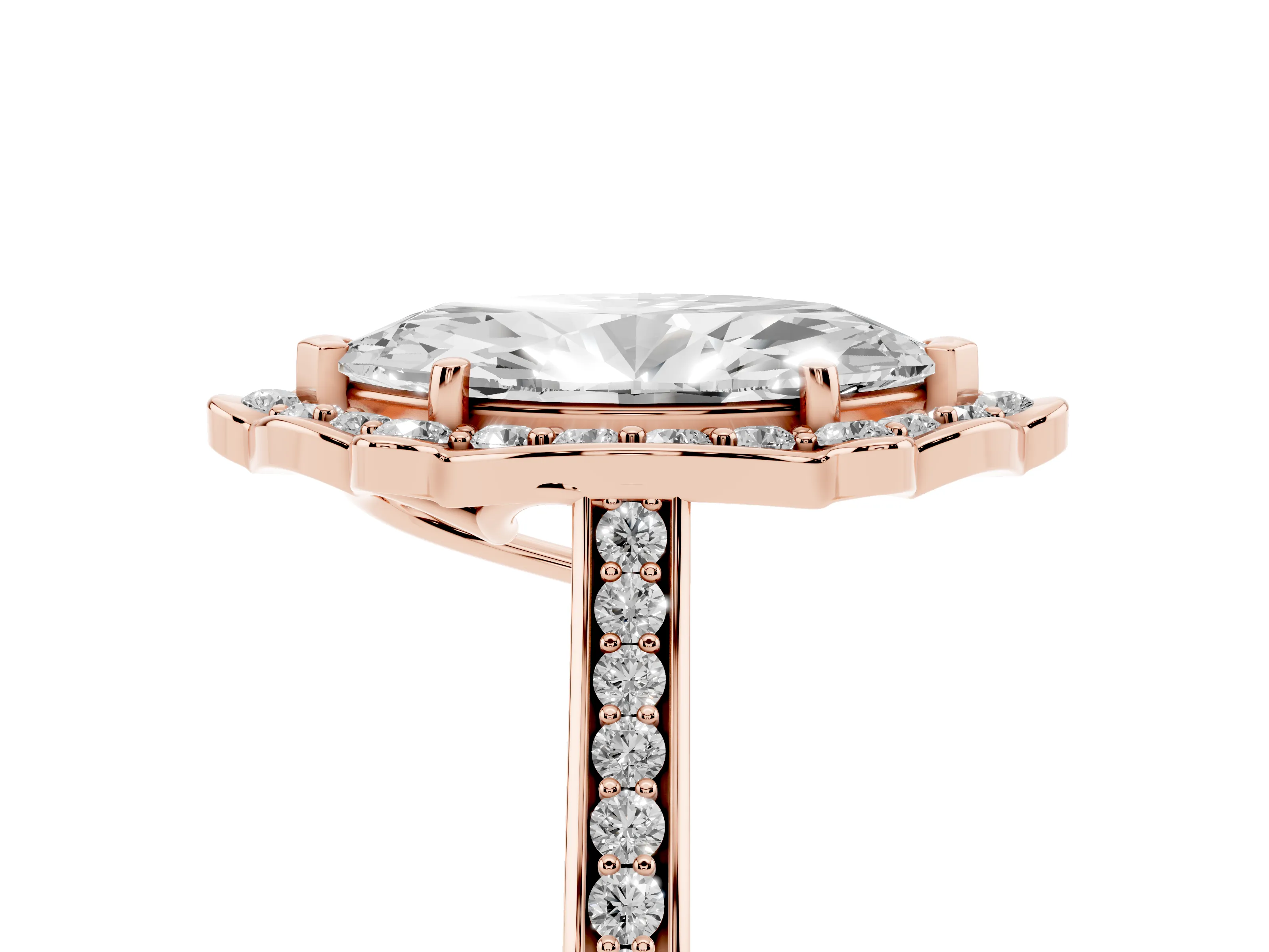 Marquise Cut Diamond Halo Ring Set in Rose gold with Pavé-Lined Shoulders and Prong Setting