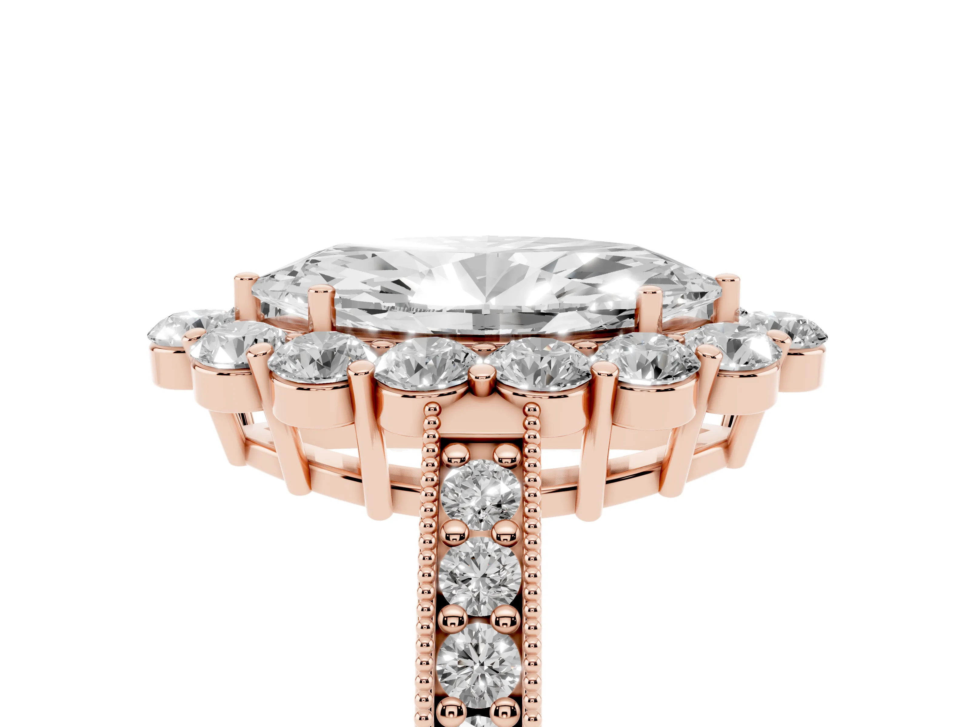 Marquise Cut Diamond Halo Pavé Engagement Ring Set in Rose gold with Milgrain Detailing