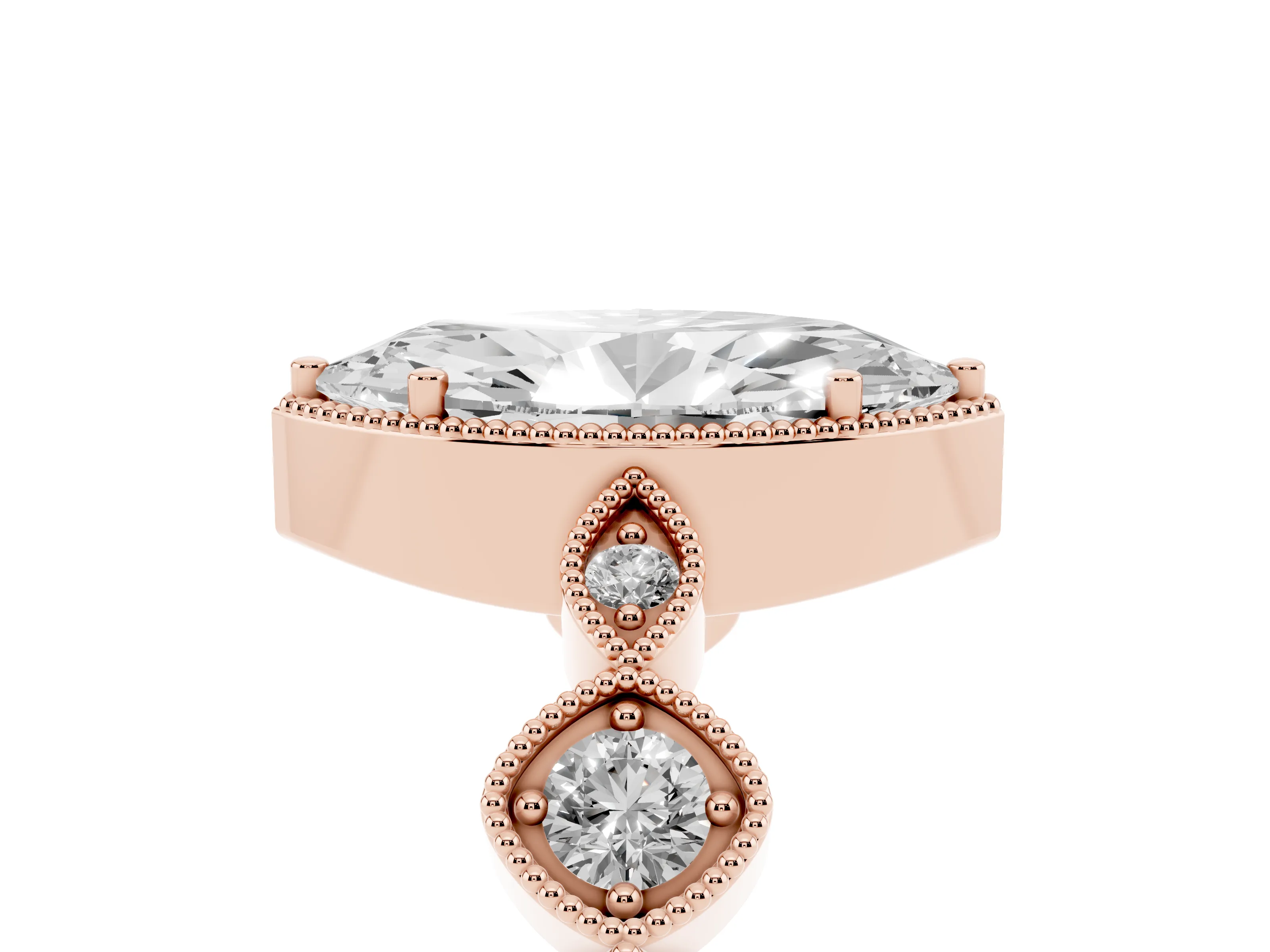 Marquise Cut Diamond Vintage-Inspired Milgrain Ring Set in Rose gold with Marquise Stations of Round Accents