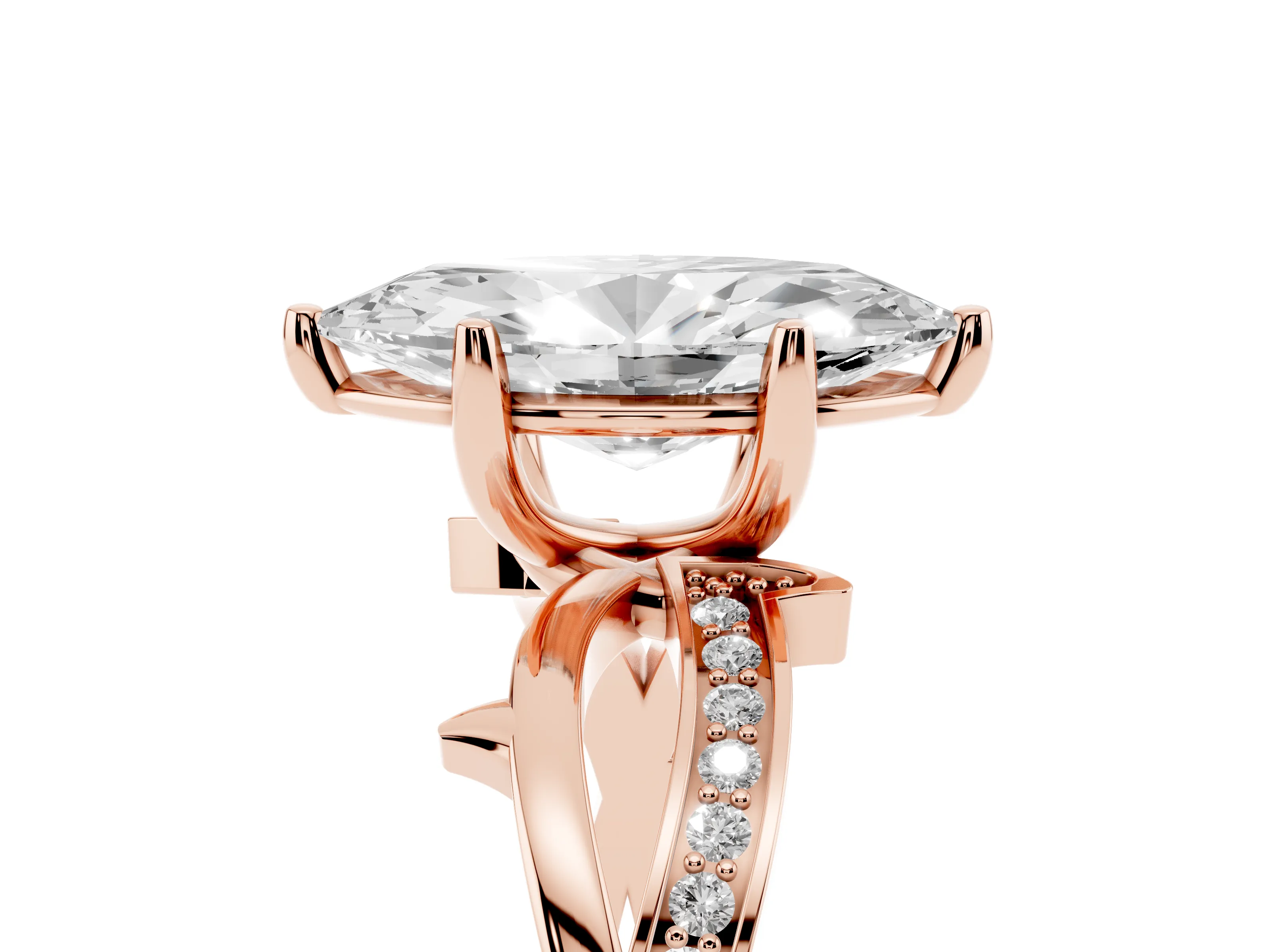 Marquise Cut Diamond Pavé Twist Band Solitaire Ring Set in Rose gold with Prong Setting
