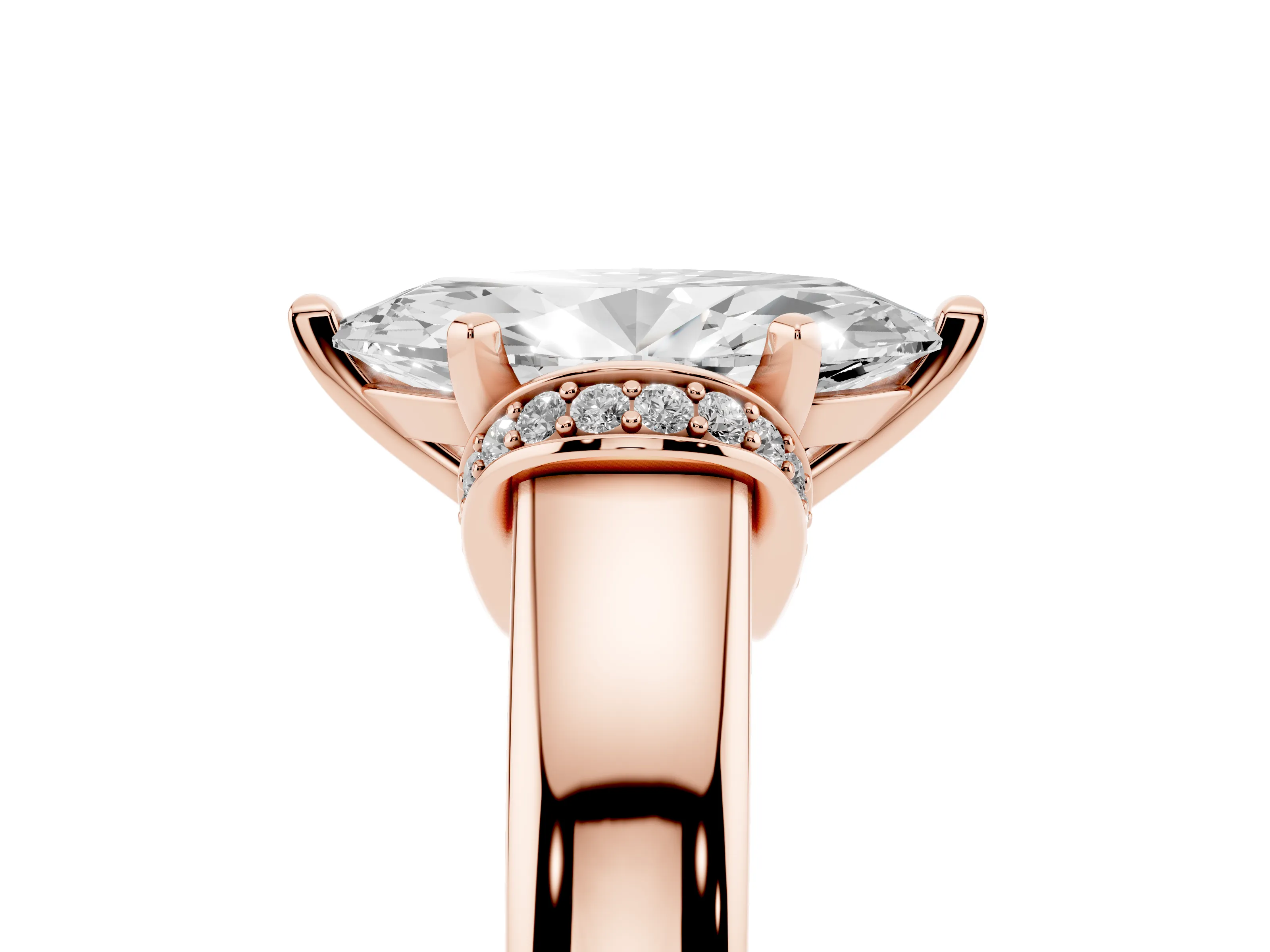 Marquise Cut Diamond Pavé Band Solitaire Ring Set in Rose gold with Prong Setting