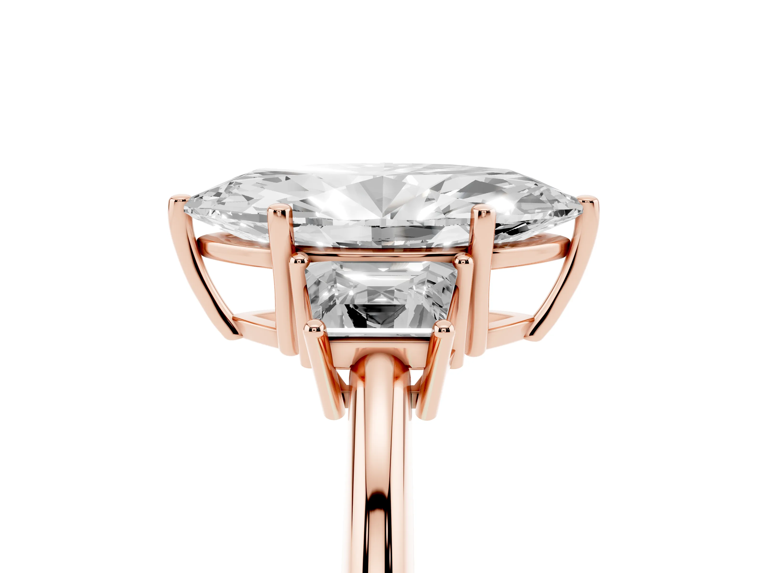 Marquise Cut Diamond Three-Stone Ring Set in Rose gold with Trapezoid Side Stones and Prong Setting