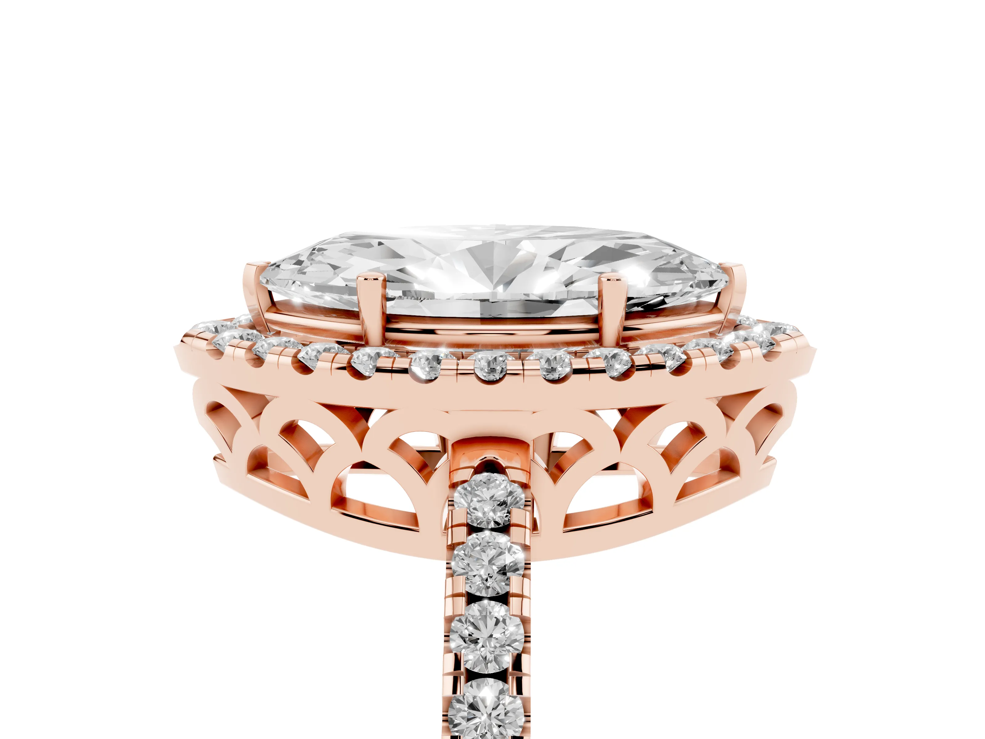 Marquise Cut Diamond Pavé Band Halo Engagement Ring Set in Rose gold with Prong Setting