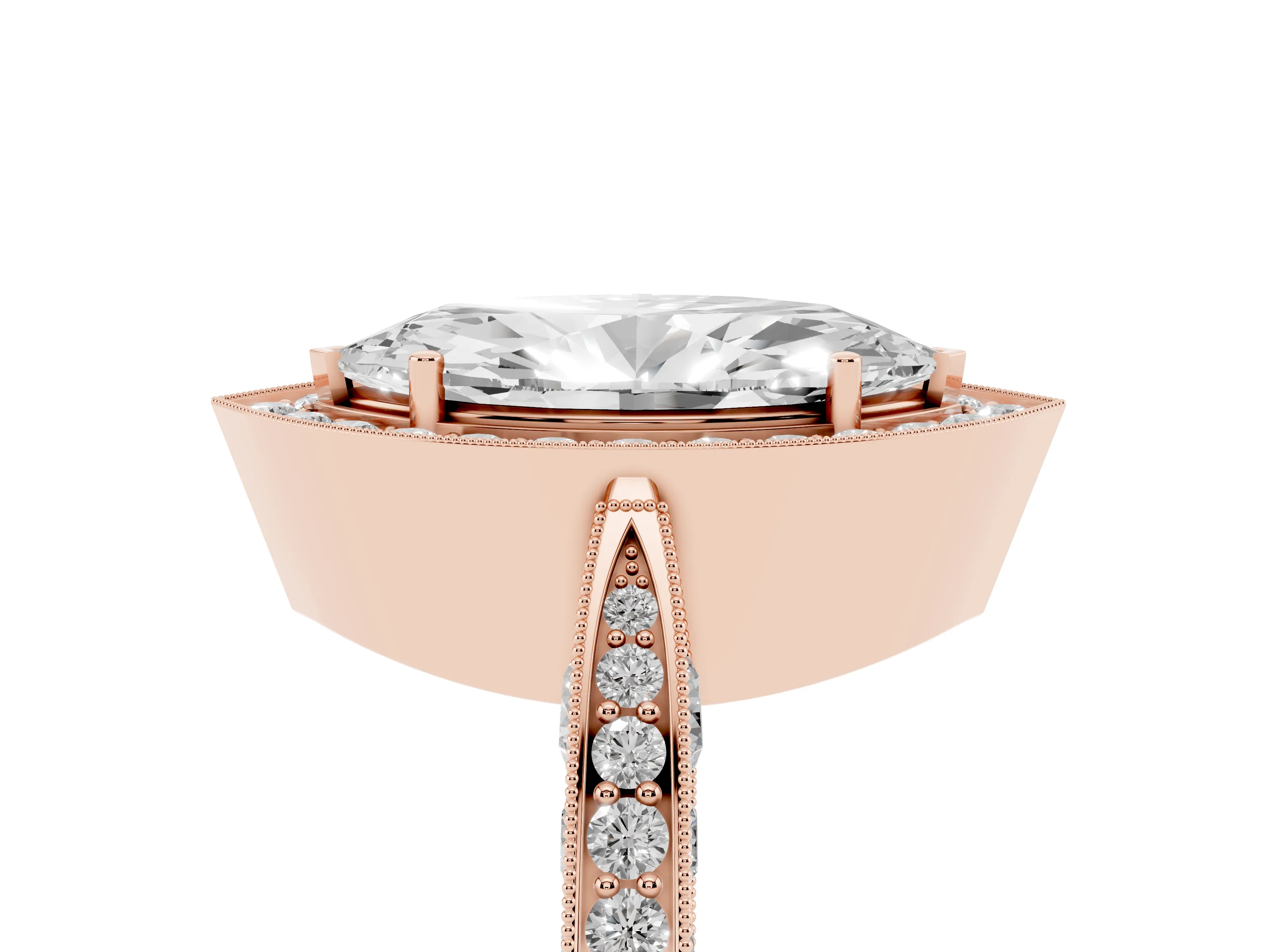Marquise Cut Diamond Halo Engagement Ring Set in Rose gold with Accent Split Shank Band