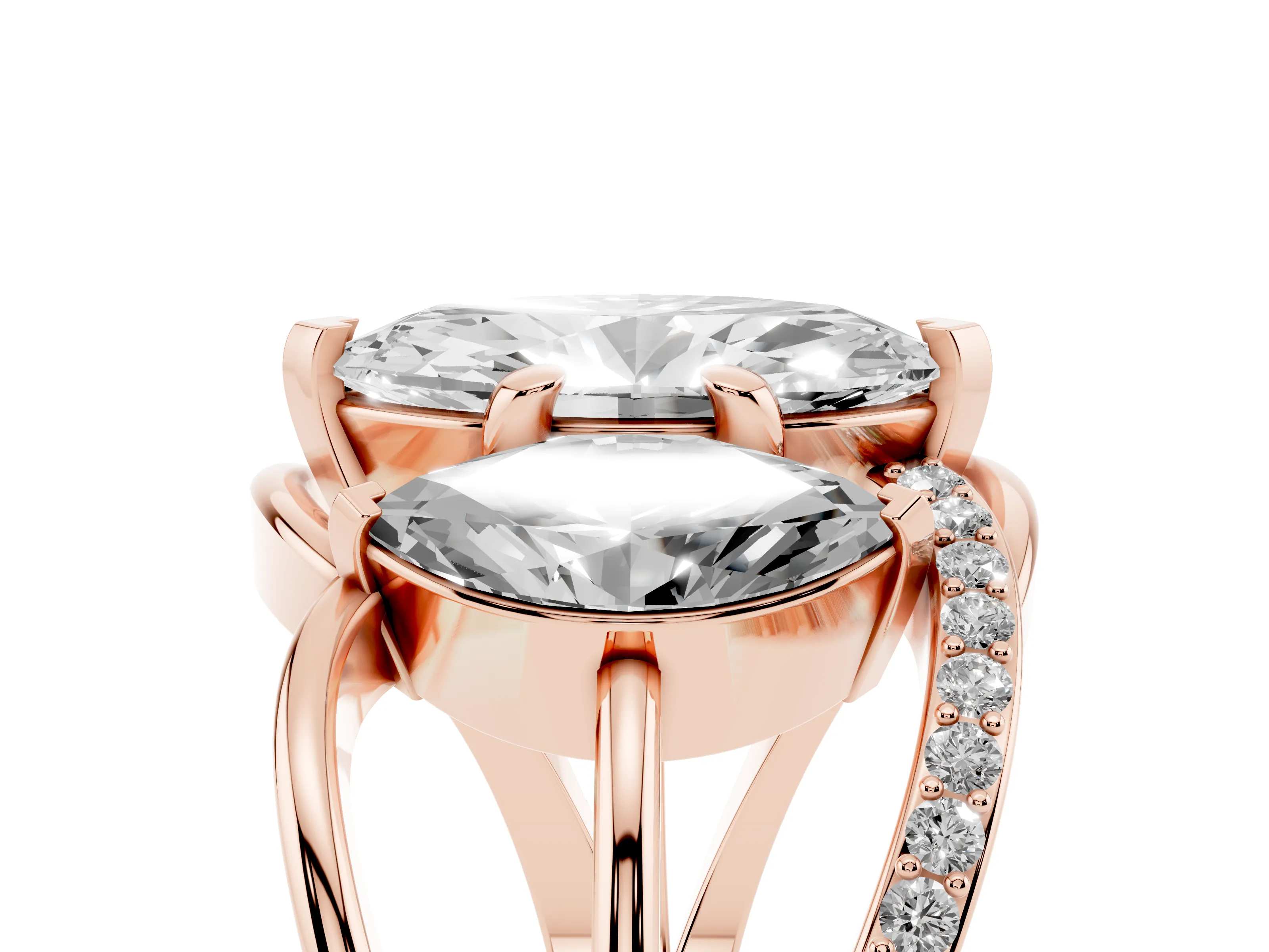 Marquise Cut Diamond Three-Stone Ring Set in Rose gold with Split Shank and Prong Setting
