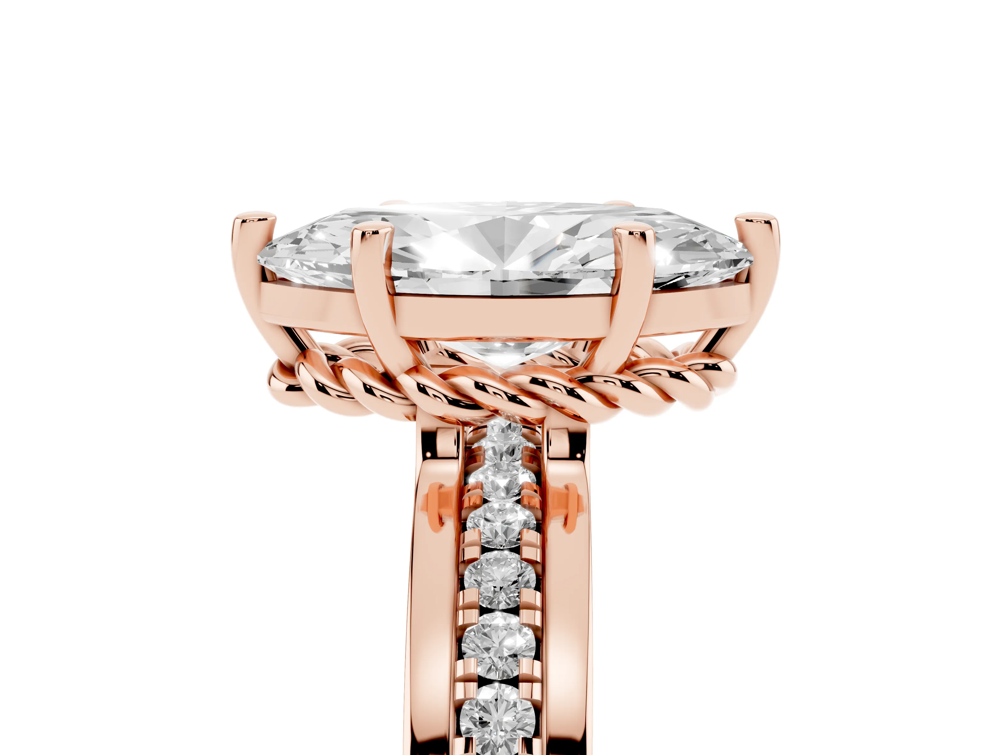 Marquise Cut Diamond Solitaire Ring Set in Rose gold with Channel Set Band and Prong Setting