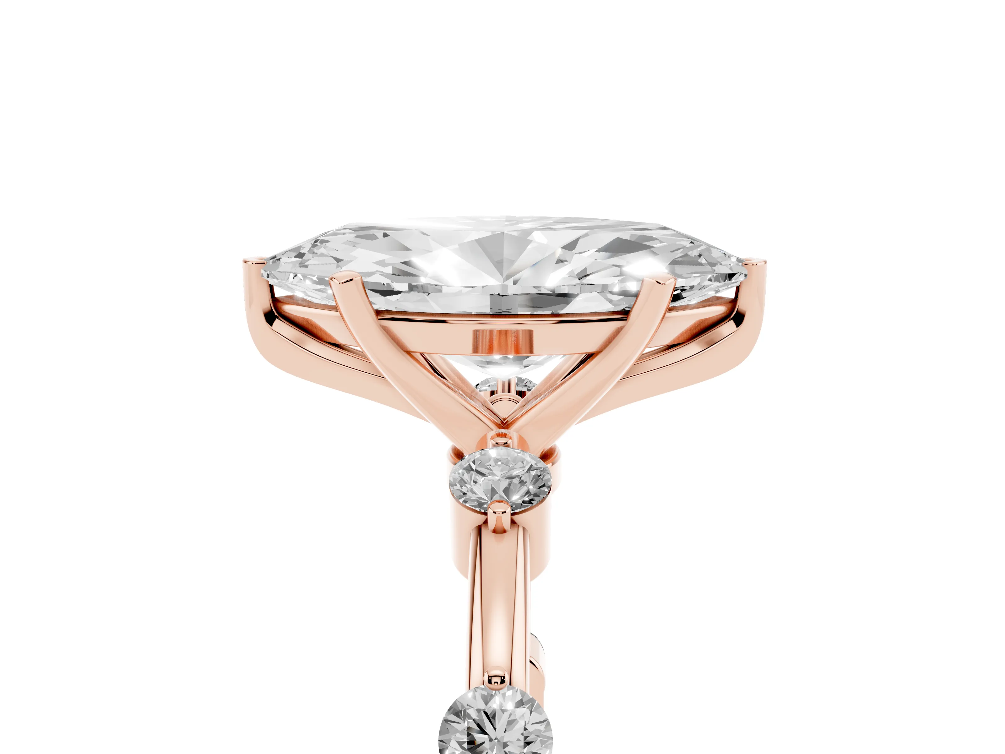 Marquise Cut Diamond Solitaire Ring Set in Rose gold with Bezel Set Side Stones and Prong Setting
