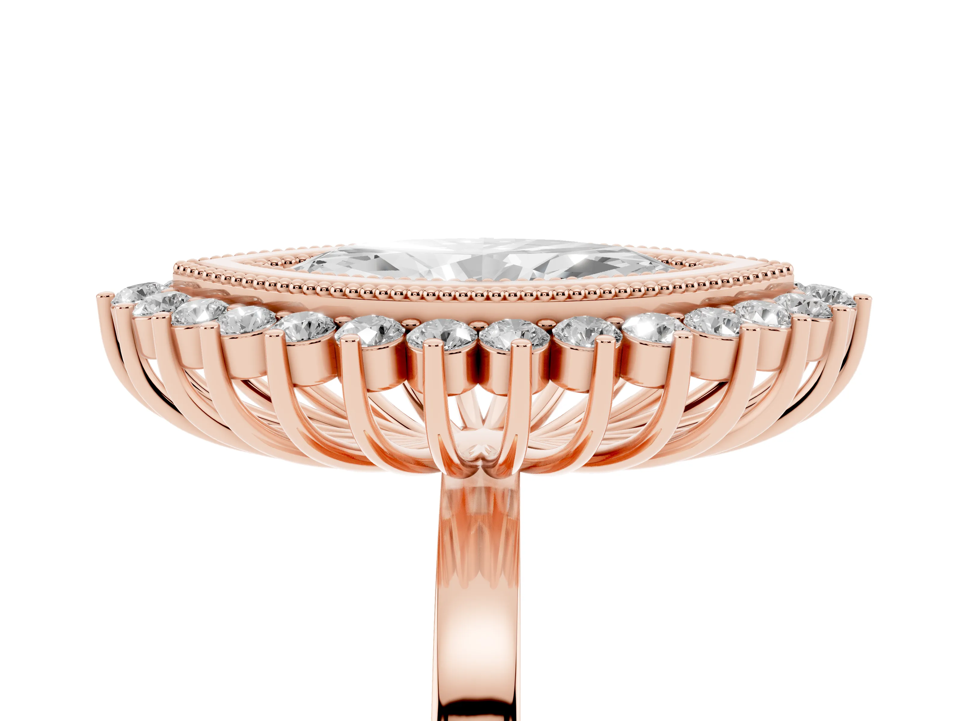 Marquise Cut Diamond Halo Ring Set in Rose gold with Milgrain Edge and Round Prong Setting