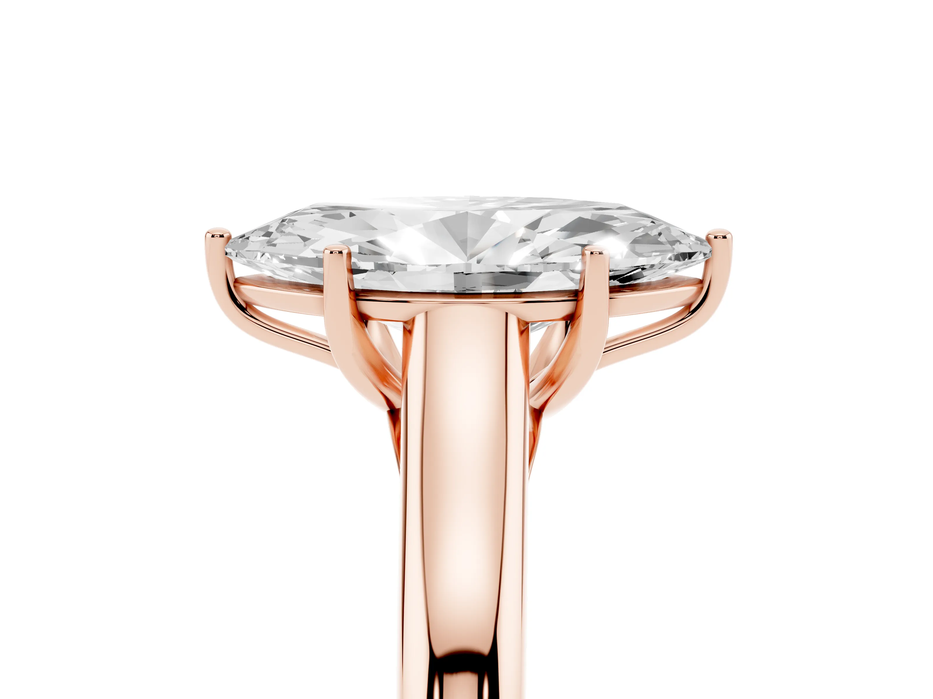 Marquise Cut Diamond Solitaire Engagement Ring Set in Rose gold with Subtly Tapered Band and Prong Setting