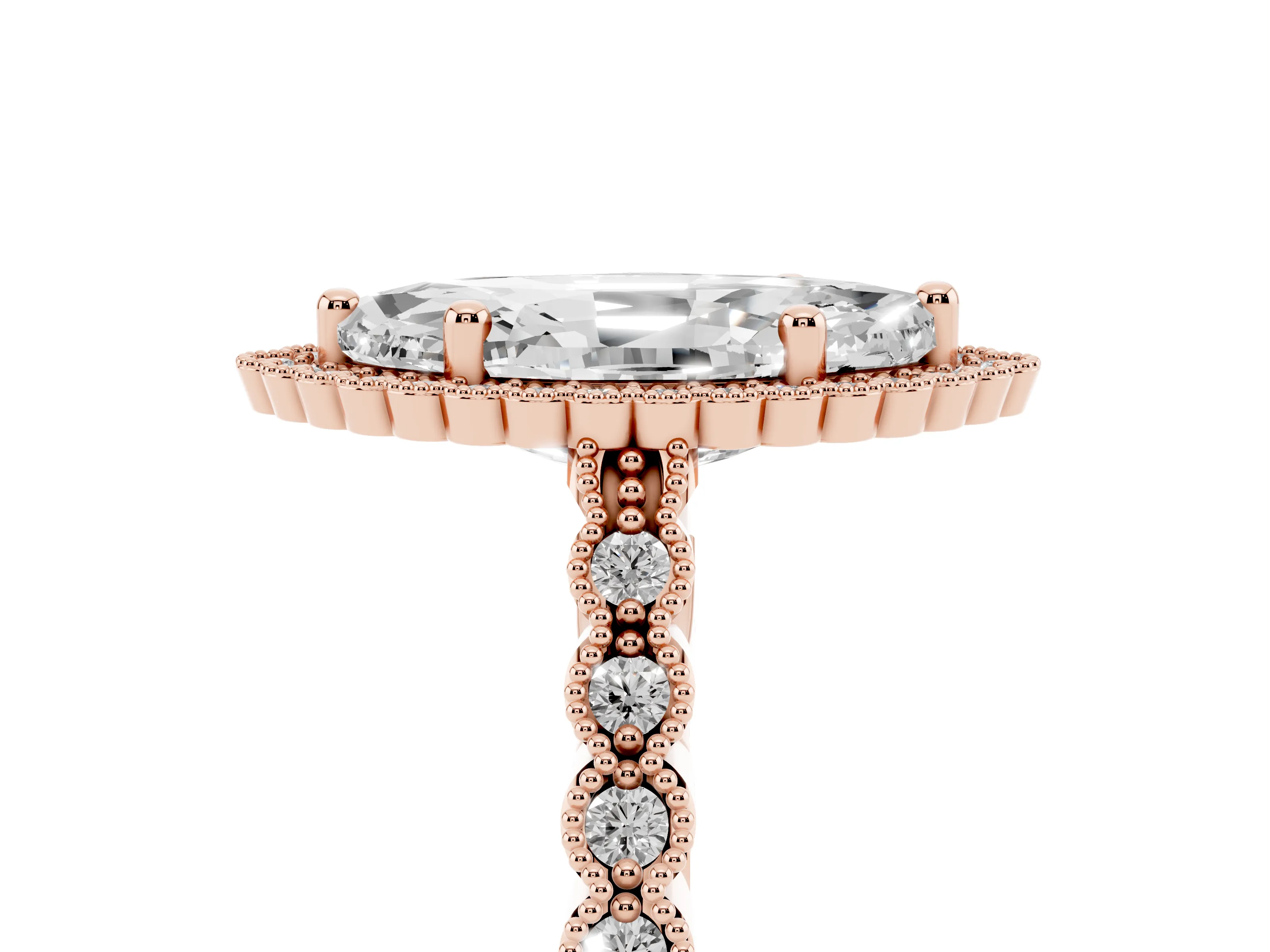 Marquise Cut Diamond Halo Ring Set in Rose gold with Pavé Milgrain Band