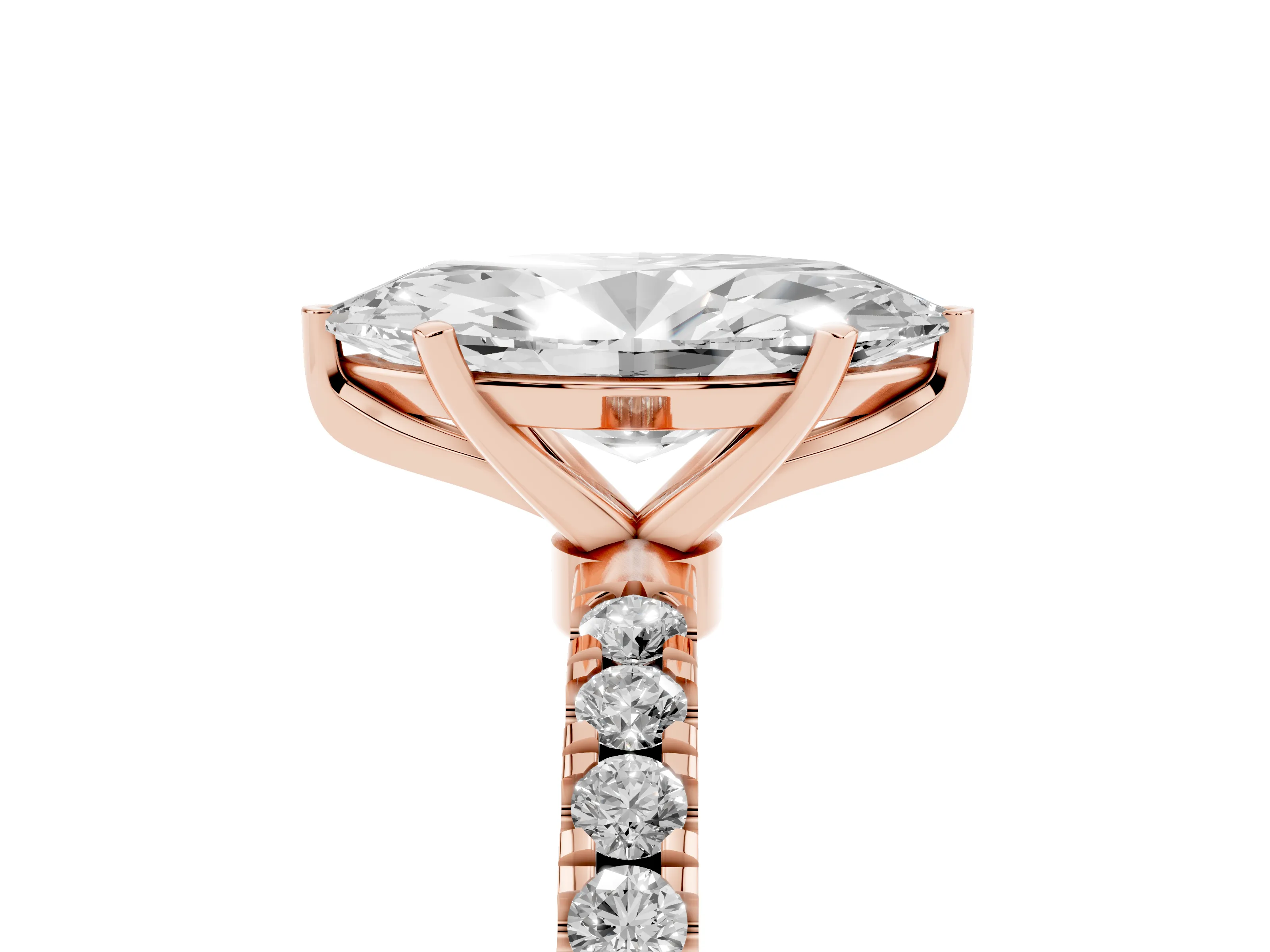 Marquise Cut Diamond Solitaire Ring Set in Rose gold with Pavé Accents and Prong Setting