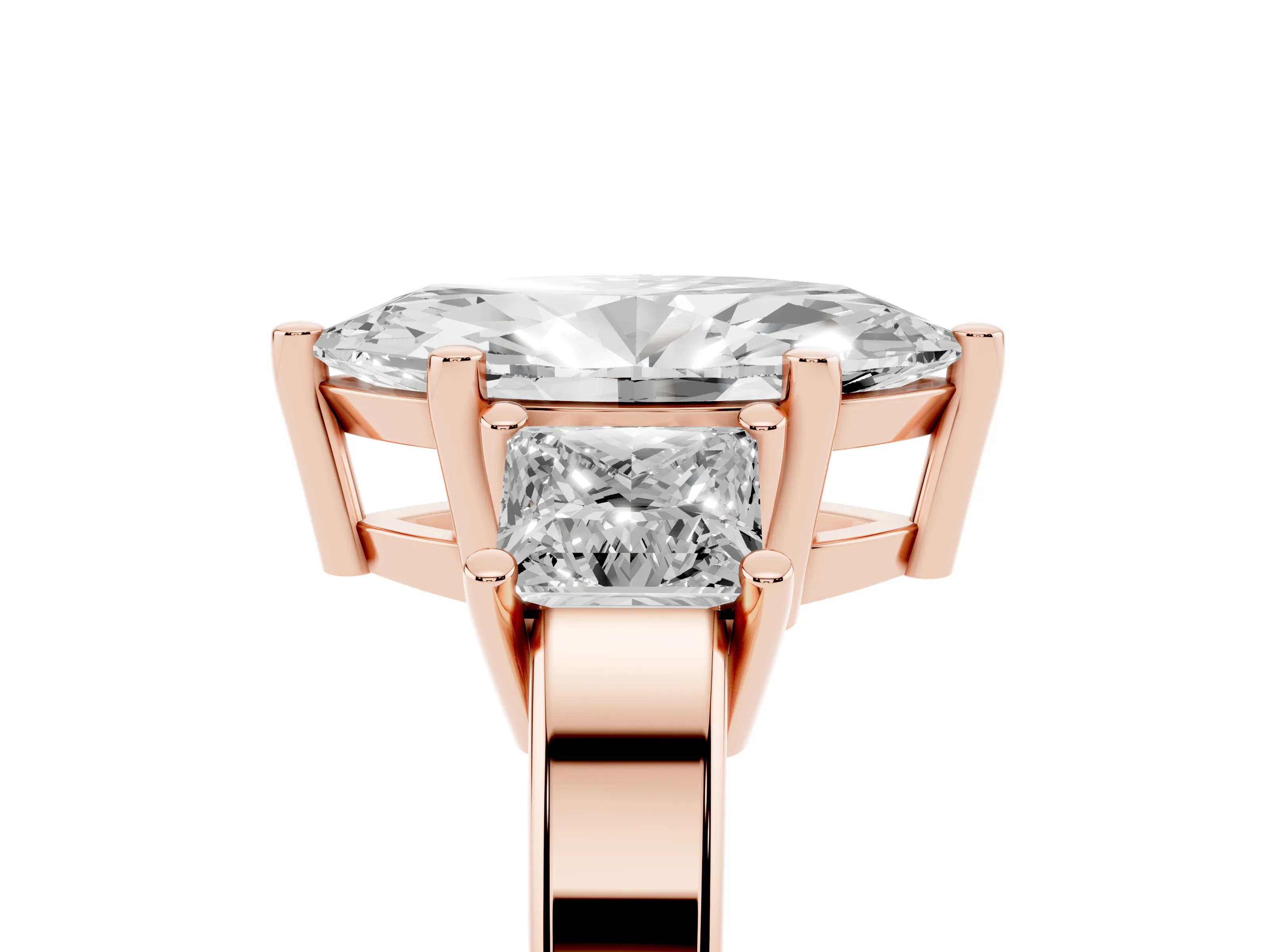 Three-Stone Marquise Cut Diamond Solitaire Ring Set in Rose gold with Prong Setting