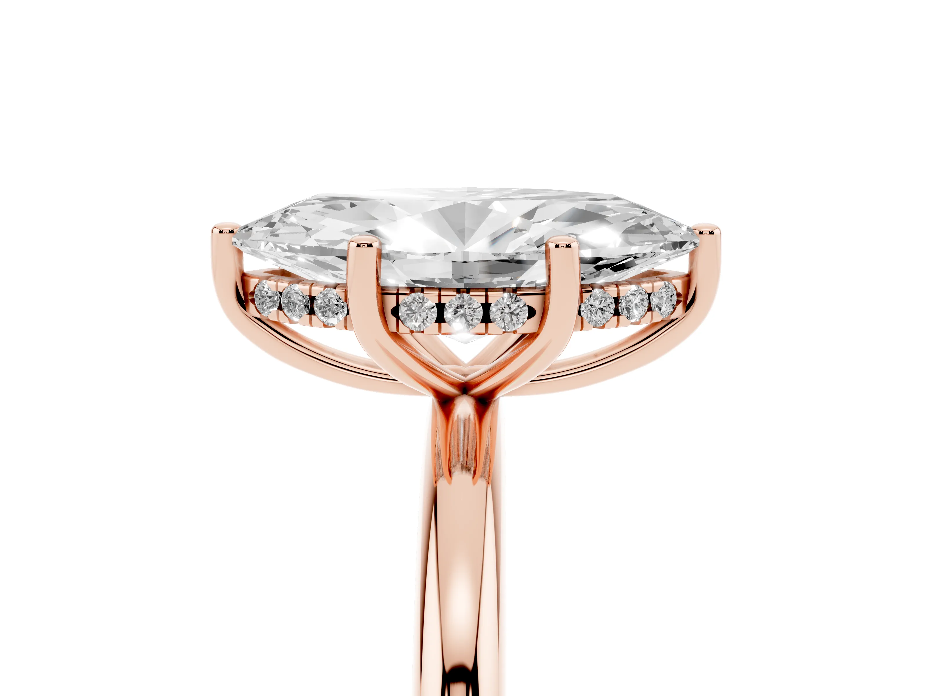 Marquise Cut Diamond Solitaire Engagement Ring Set in Rose gold with Prong Setting and Polished Band