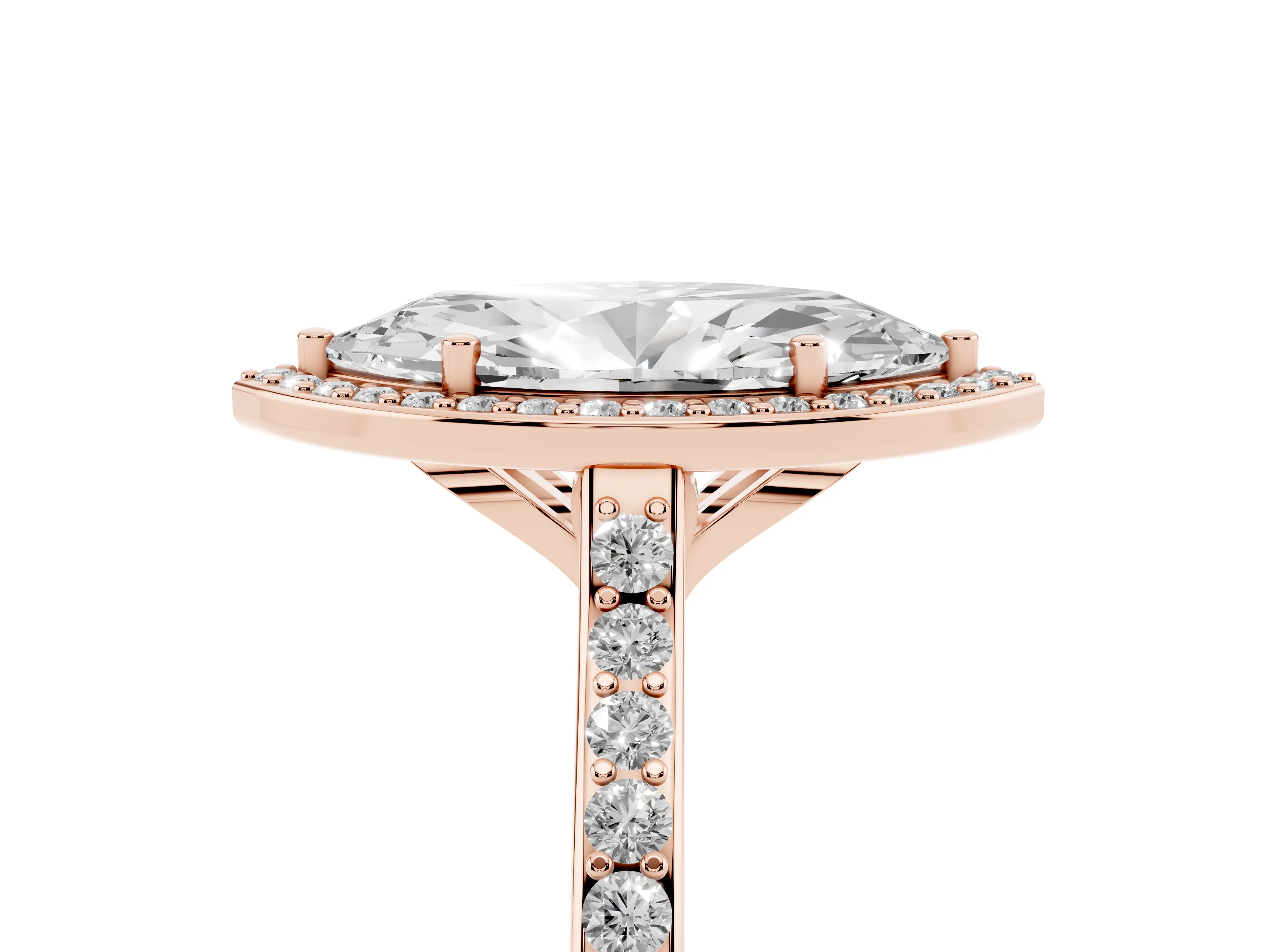 Marquise Cut Diamond Halo Engagement Ring Set in Rose gold with Round Pavé Shoulders and Heart Gallery