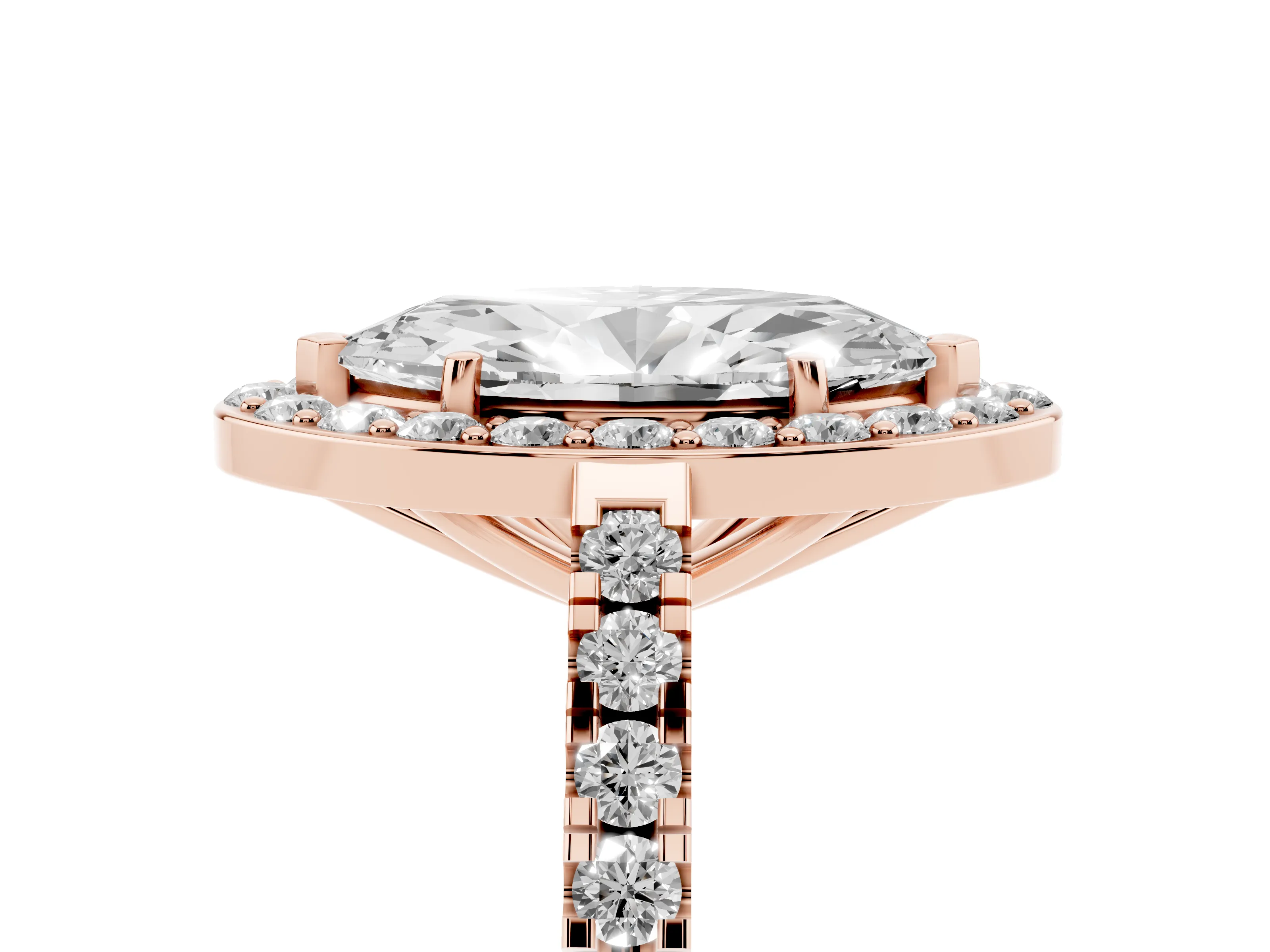 Marquise Cut Diamond Halo Ring Set in Rose gold with Round Pavé Split Shank and Prong Setting