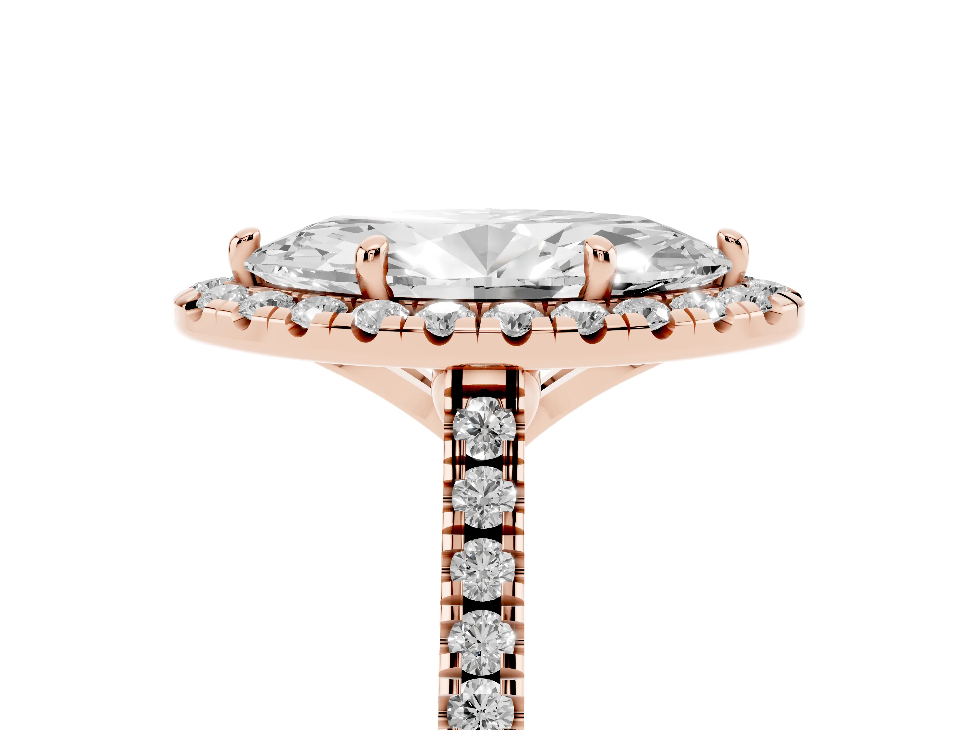 Marquise Cut Diamond Cushion Halo Ring Set in Rose gold with Pavé Band