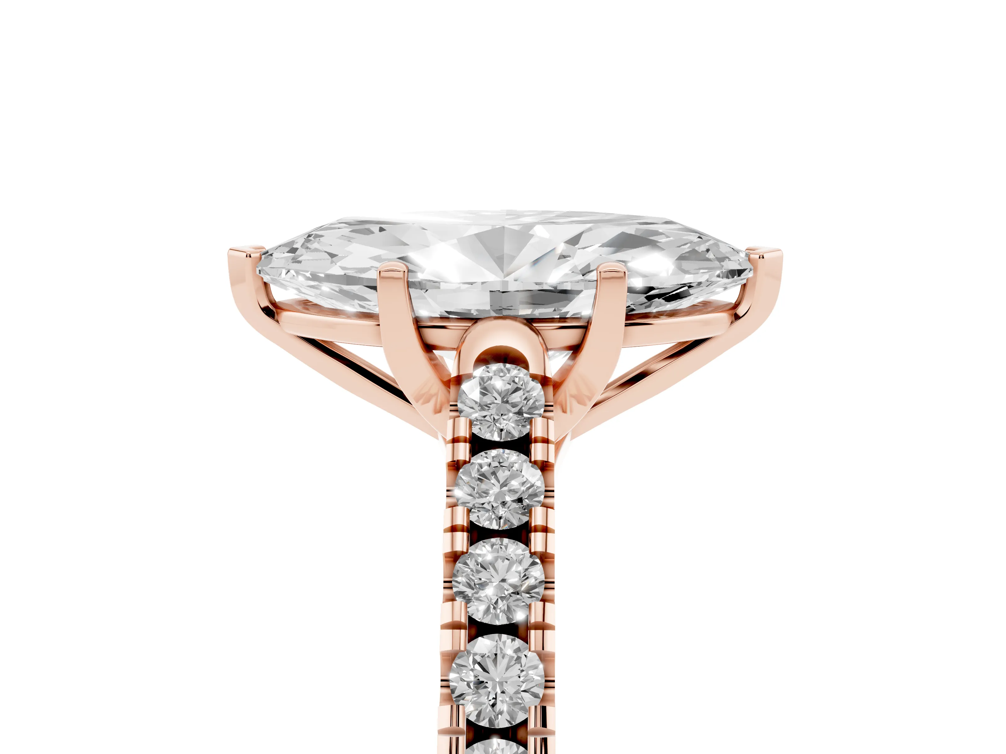 Marquise Cut Diamond Pavé Band Solitaire Ring Set in Rose gold with Partway Accent Stones and Prong Setting