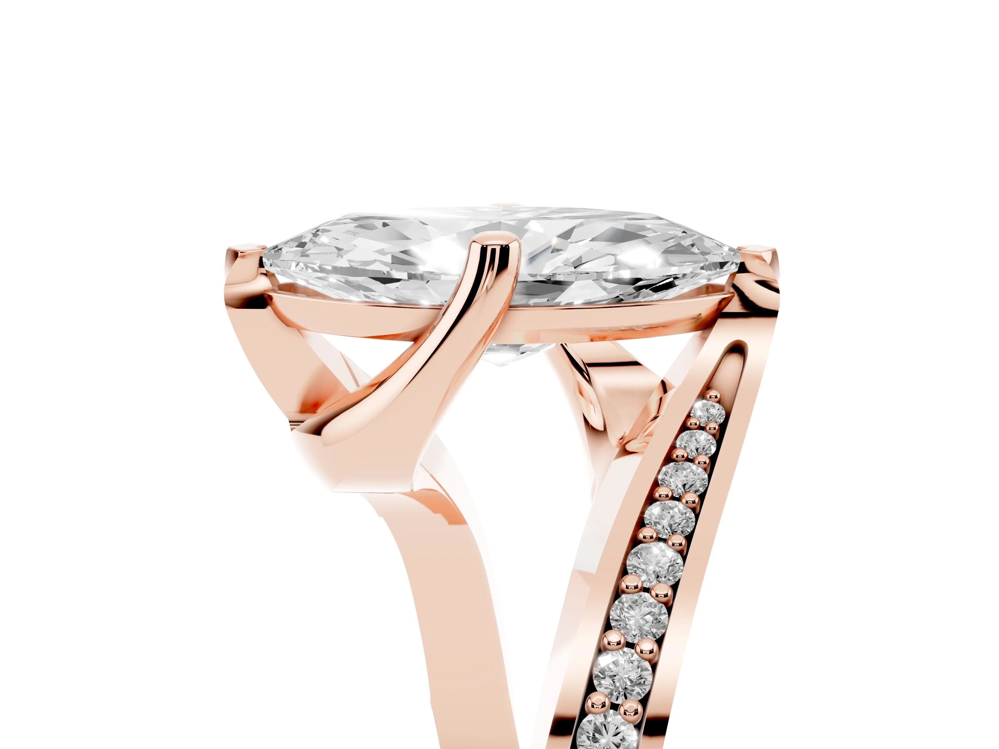 Marquise Cut Diamond Solitaire Ring Set in Rose gold with Intertwined Pavé Twist Band