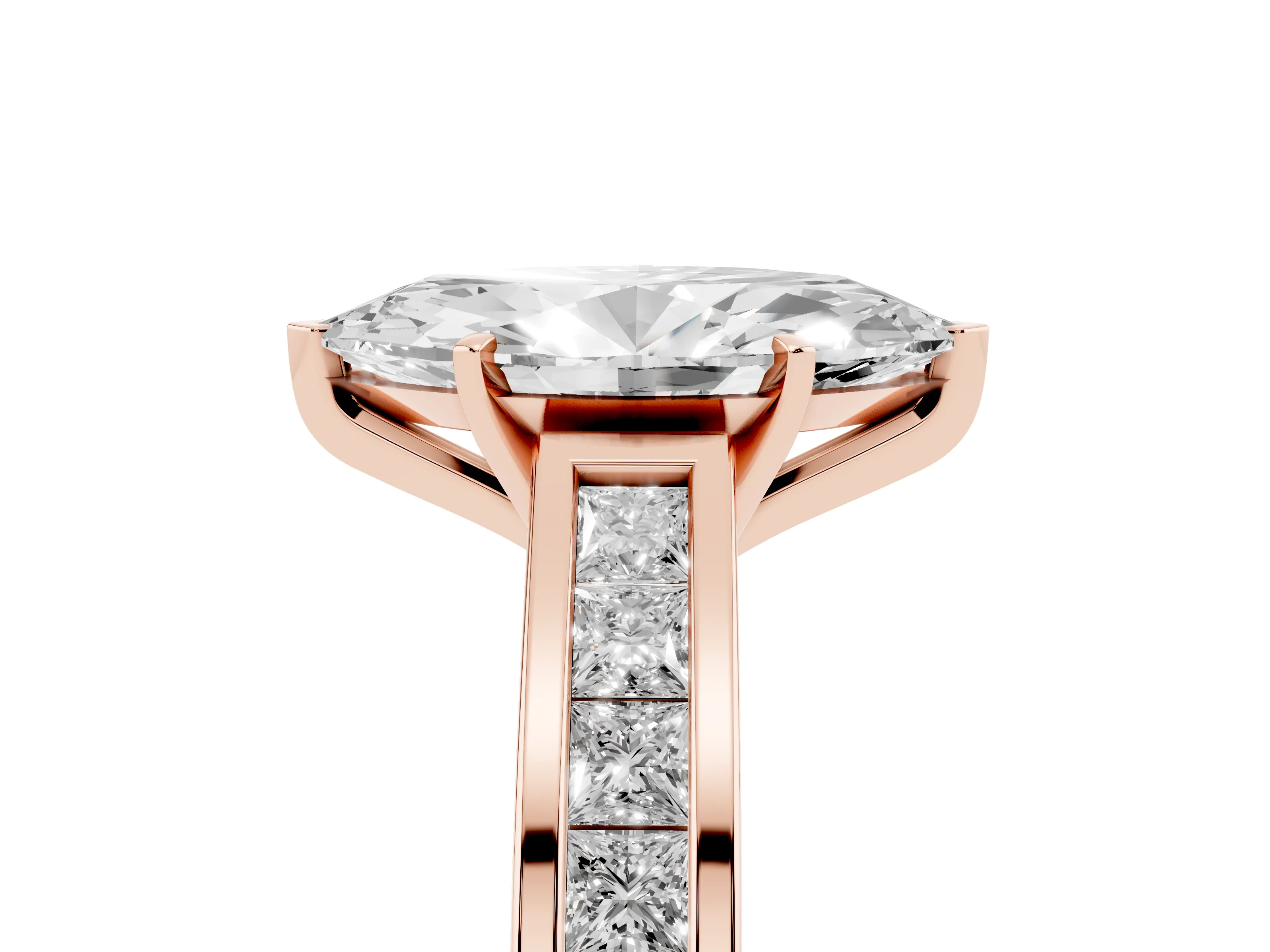 Marquise Cut Diamond Solitaire Ring Set in Rose gold with Channel-Set Band and Prong Setting