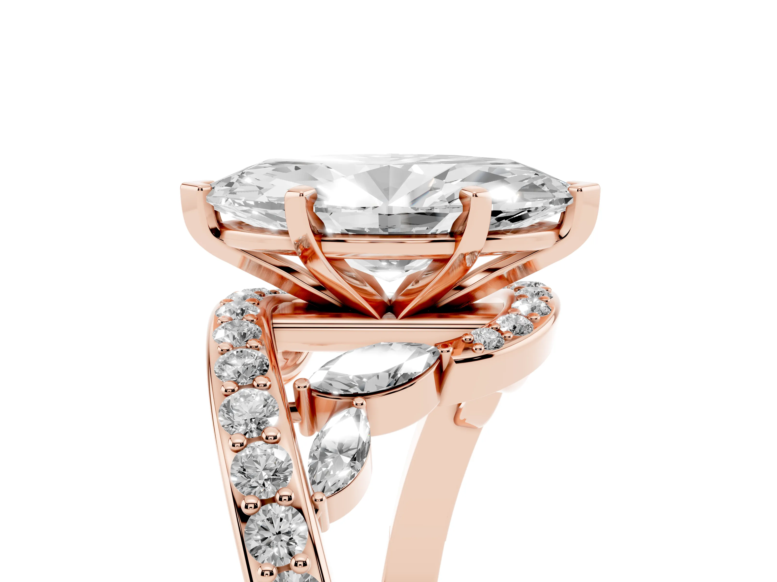 Marquise Cut Diamond Solitaire Ring Set in Rose gold with Pavé Twist Band and Secure Prong Setting