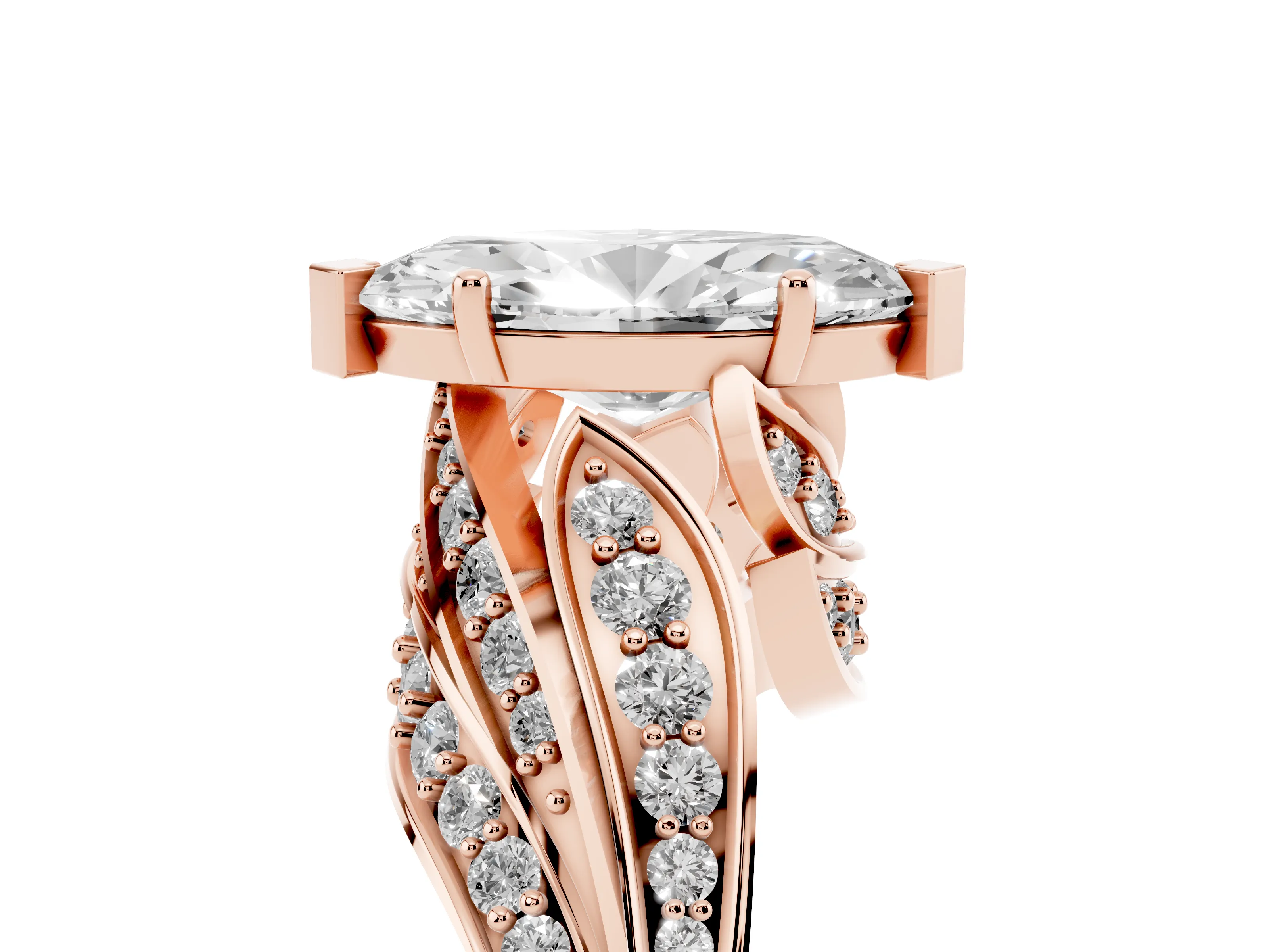 Marquise Cut Diamond Solitaire Ring Set in Rose gold with Layered Twist Pavé Band