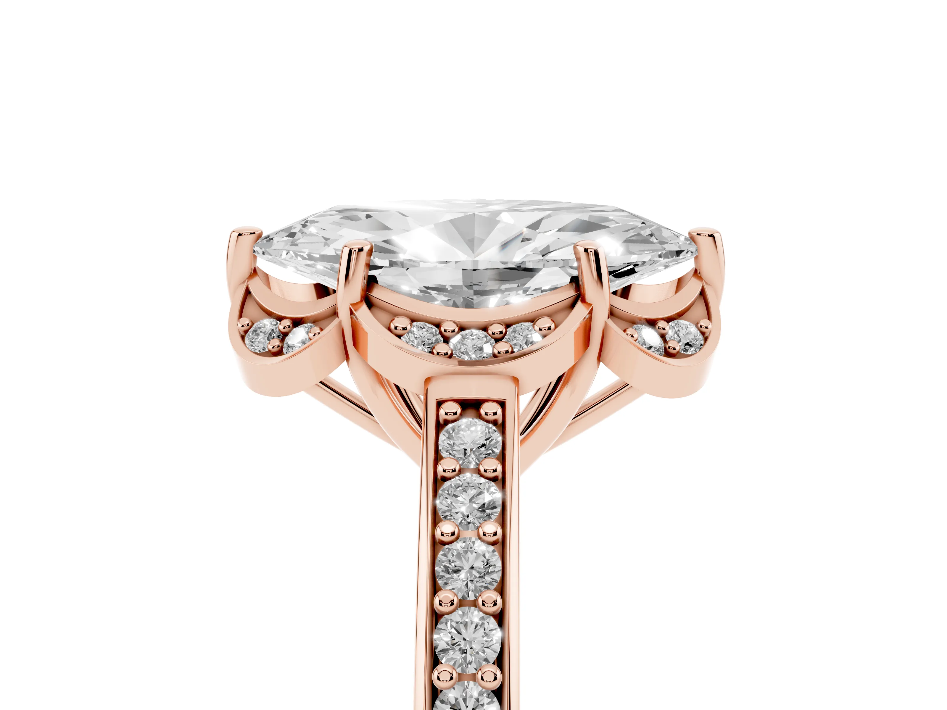 Marquise Cut Diamond Halo Ring Set in Rose gold with Channel Set Band and Prong Setting