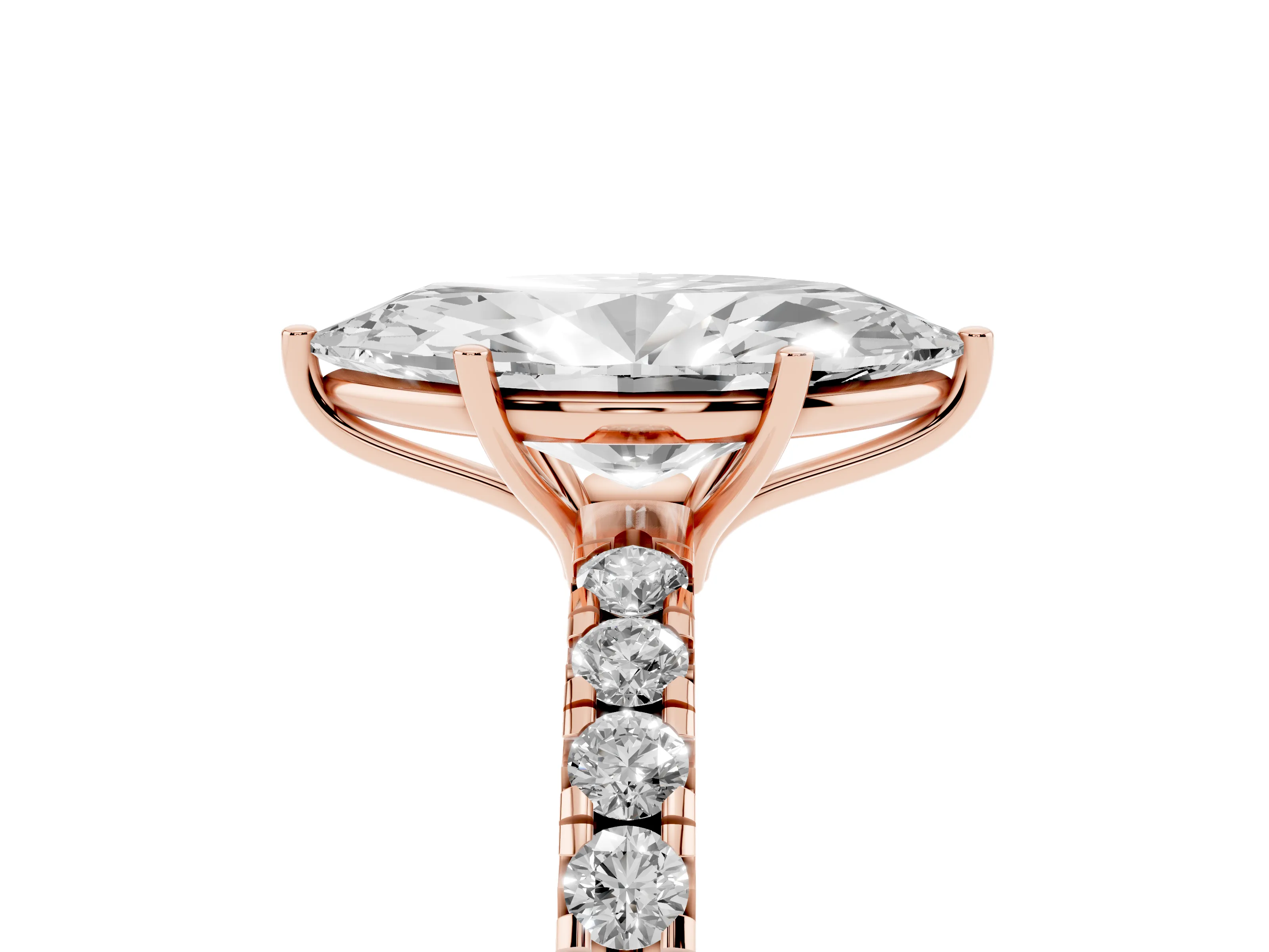 Marquise Cut Diamond Pavé Solitaire Engagement Ring Set in Rose gold with Prong Setting