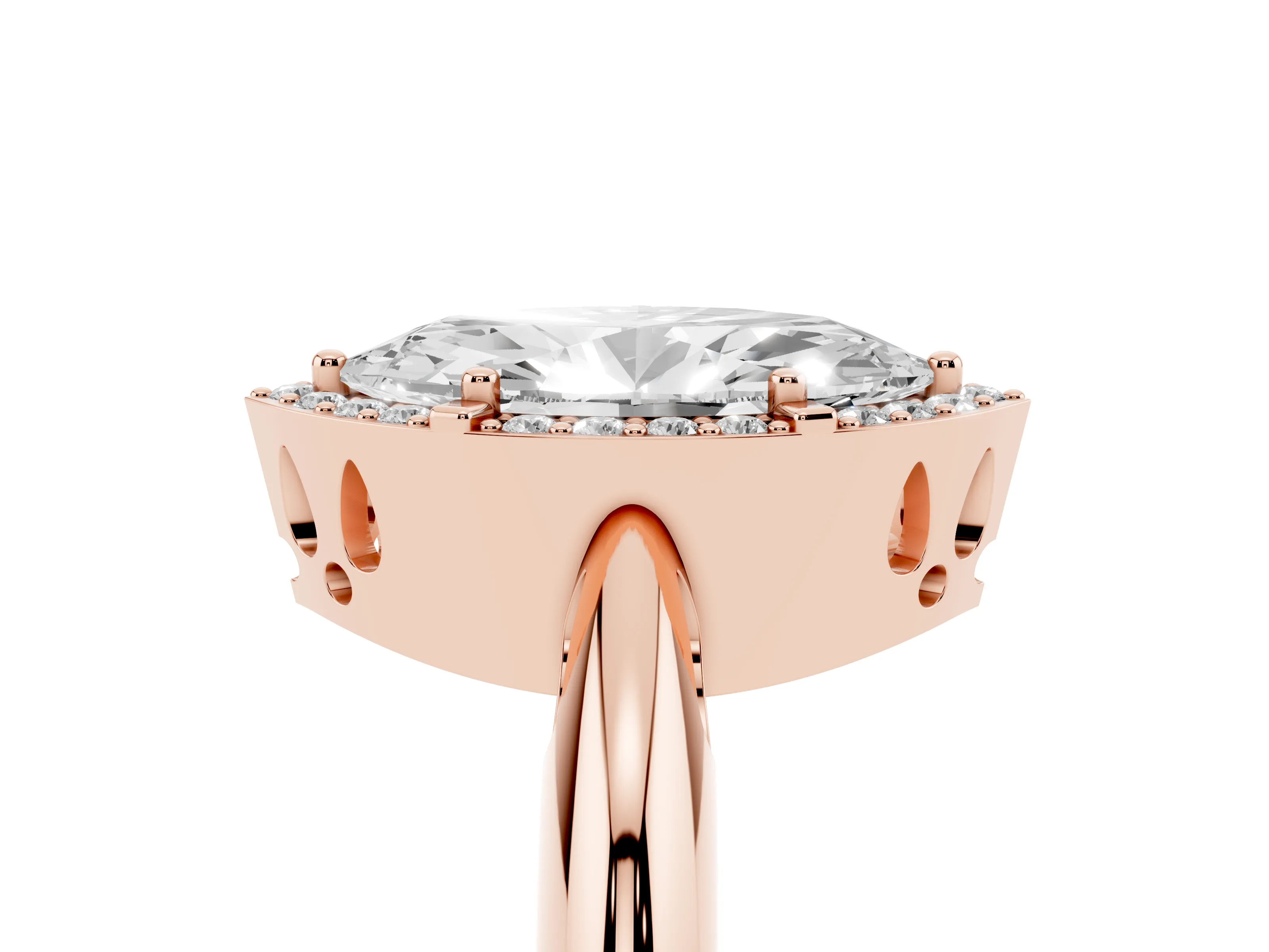Marquise Cut Diamond Halo Engagement Ring Set in Rose gold with Plain Split Shank and Prong Setting