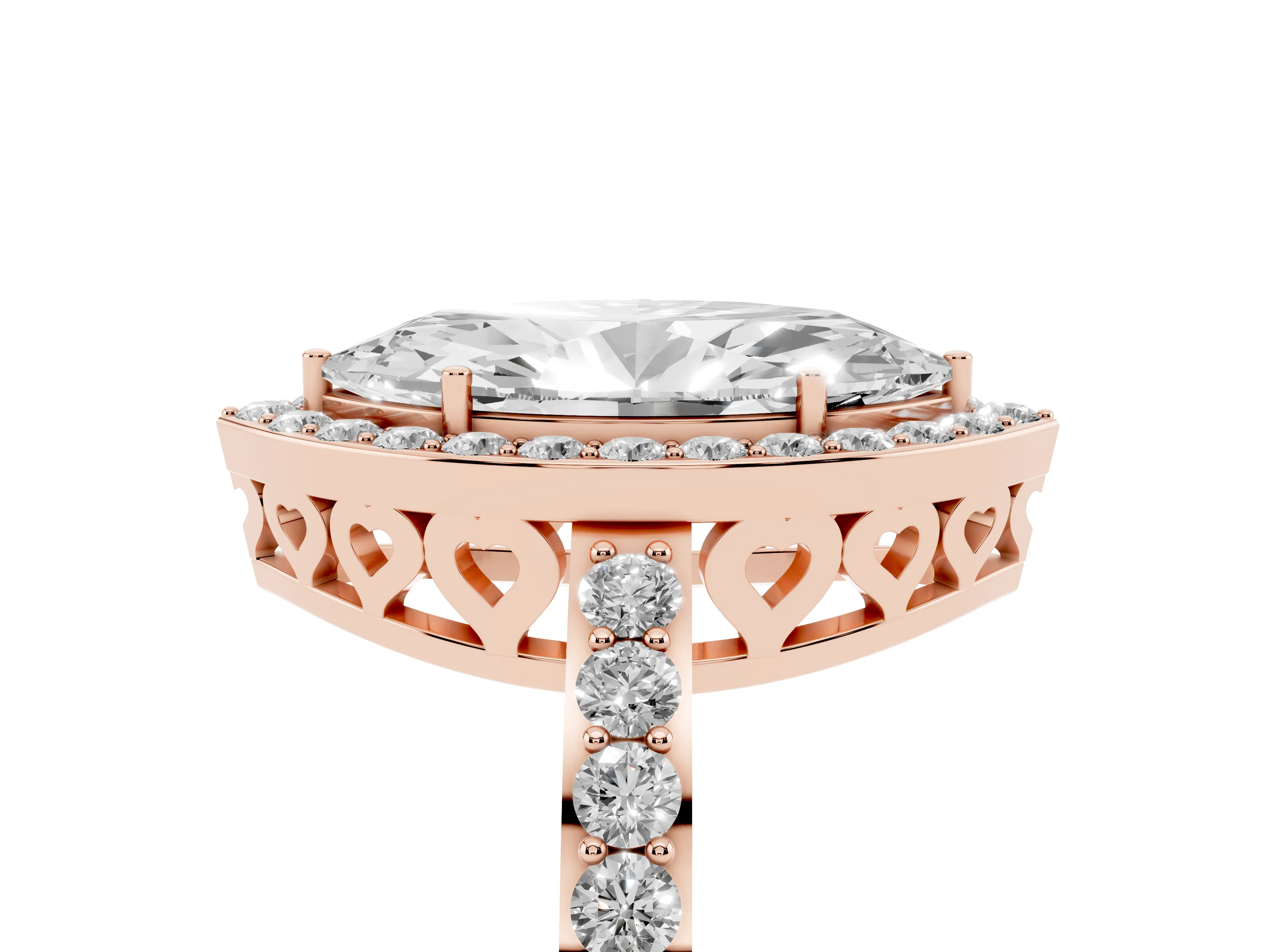 Marquise Cut Diamond Halo Ring Set in Rose gold with Pavé-Setting Band and Open Prong Center