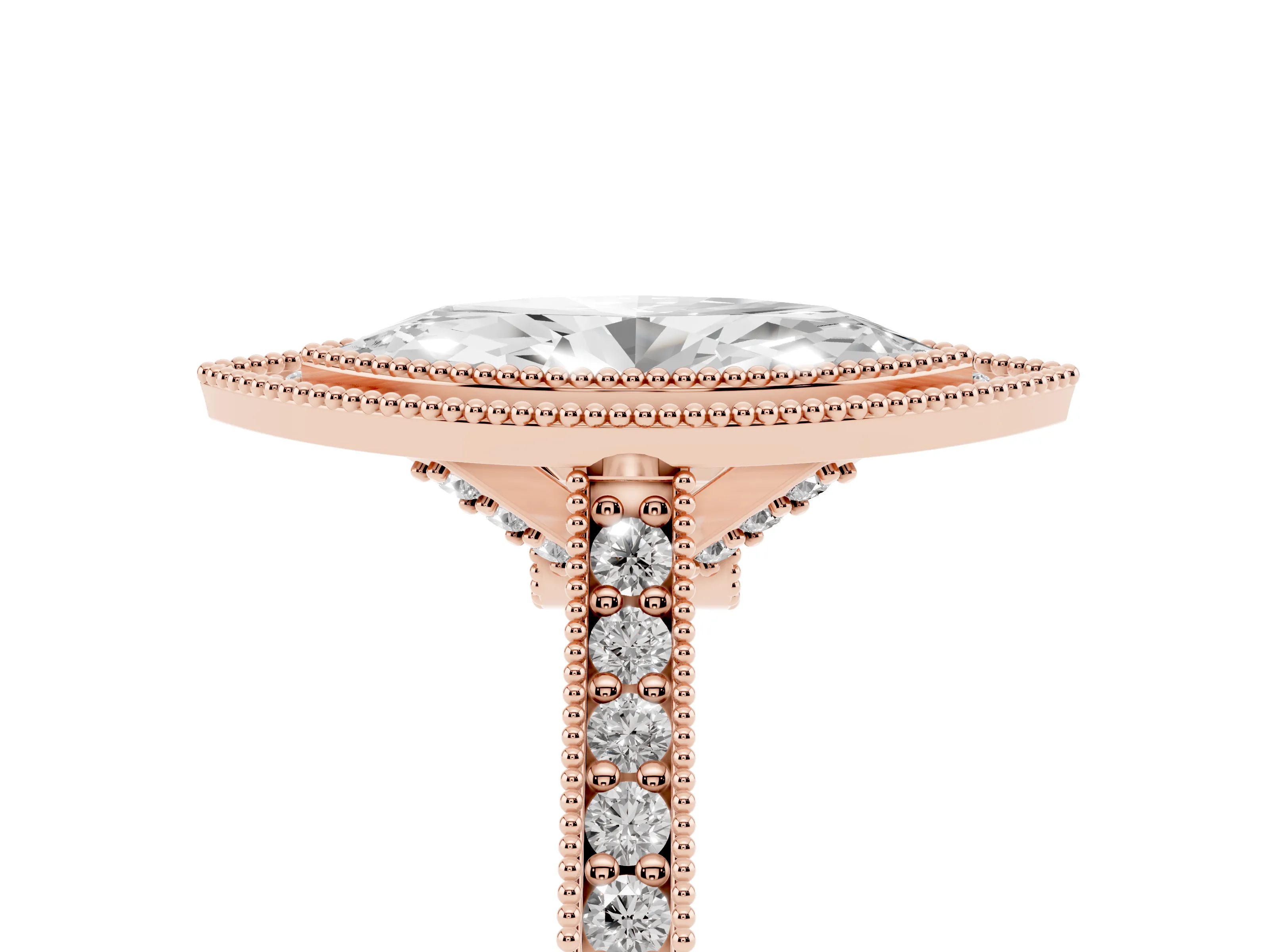 Marquise Cut Diamond Halo Milgrain Pavé Band Ring Set in Rose gold with Prong Setting